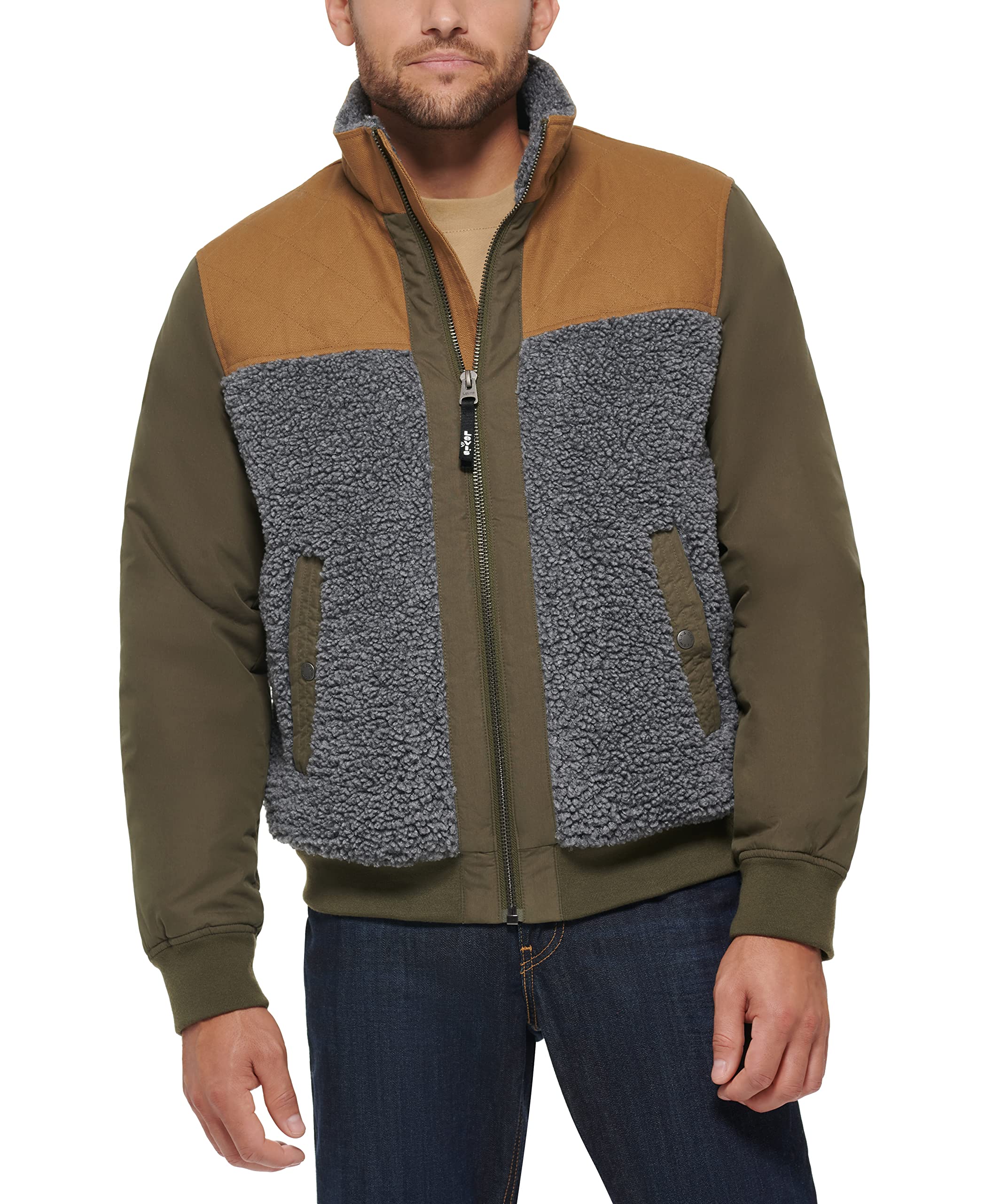 Levi's Men's Mixed Media Quilted Sherpa Stand Collar Jacket, Olive, L