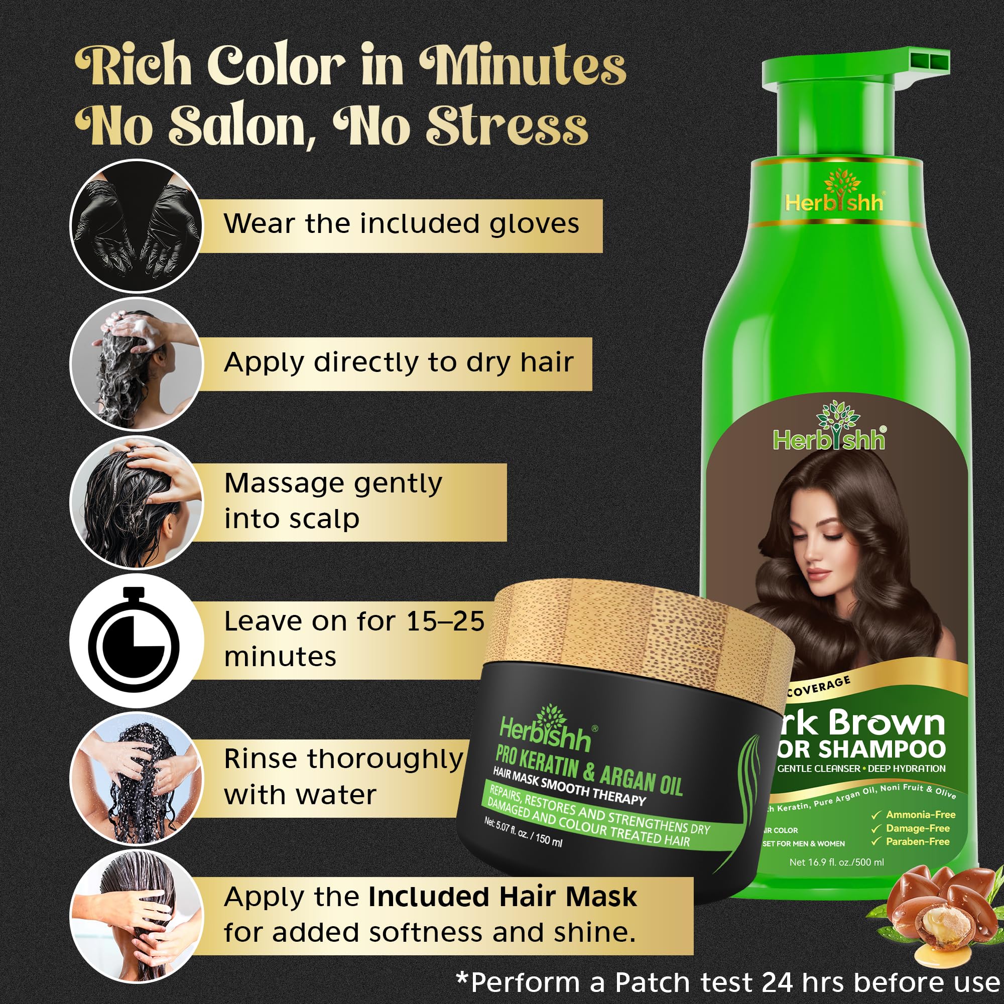 Combo Pack-2pcs Herbishh Hair Color Shampoo for Gray Hair+ 1pc Argan Intense Hair Mask - Colors Hair in Minutes – Long-lasting color– 500 Ml –Stimulates Dry Frizzy Hair (Dark Brown)