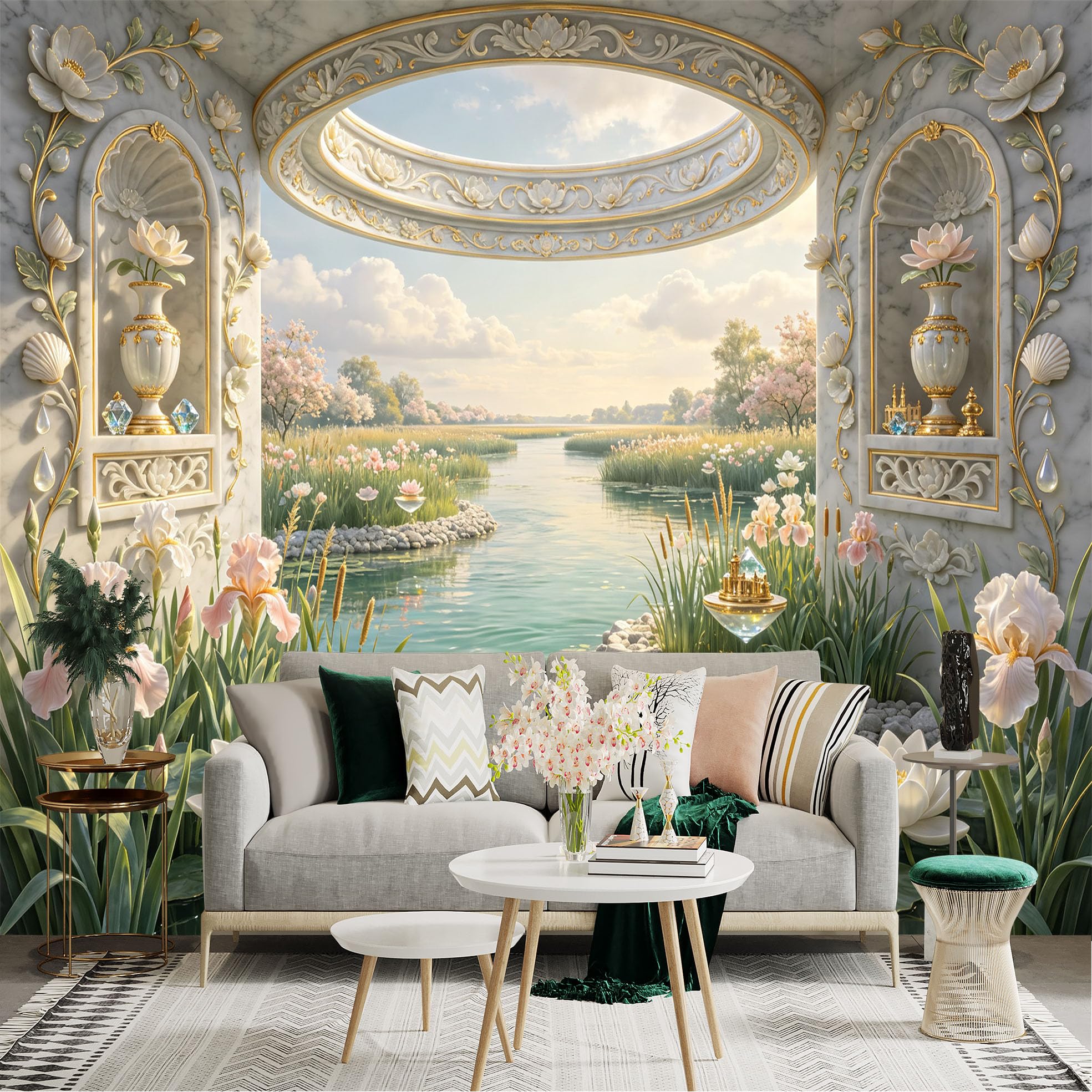 Lnzczhyre Bh260719339 Custom Size Wall Sticker Mural， Elegant Marble Archway， Serene Lotus Pond， Peaceful Water Scenery， For Wall Decoration， Peelandstick Wall Decals.