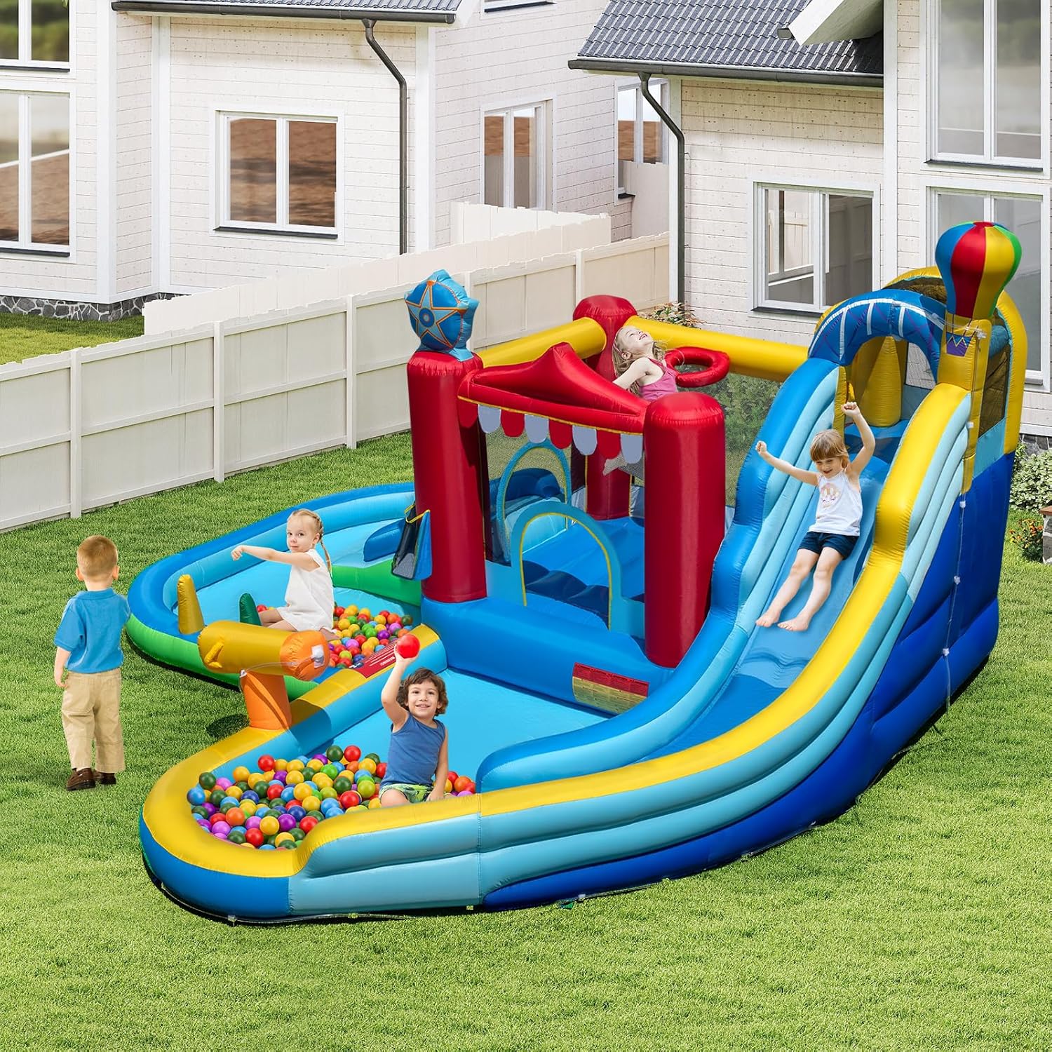 HONEY JOY Inflatable Water Slide with 950w Blower, Water Bounce House/Long Slide/Ramp/Climbing Wall, Water Cannon, Large Splash Pool, Wet Dry Combo Outdoor Blow Up Waterslides for Backyard Party Gift