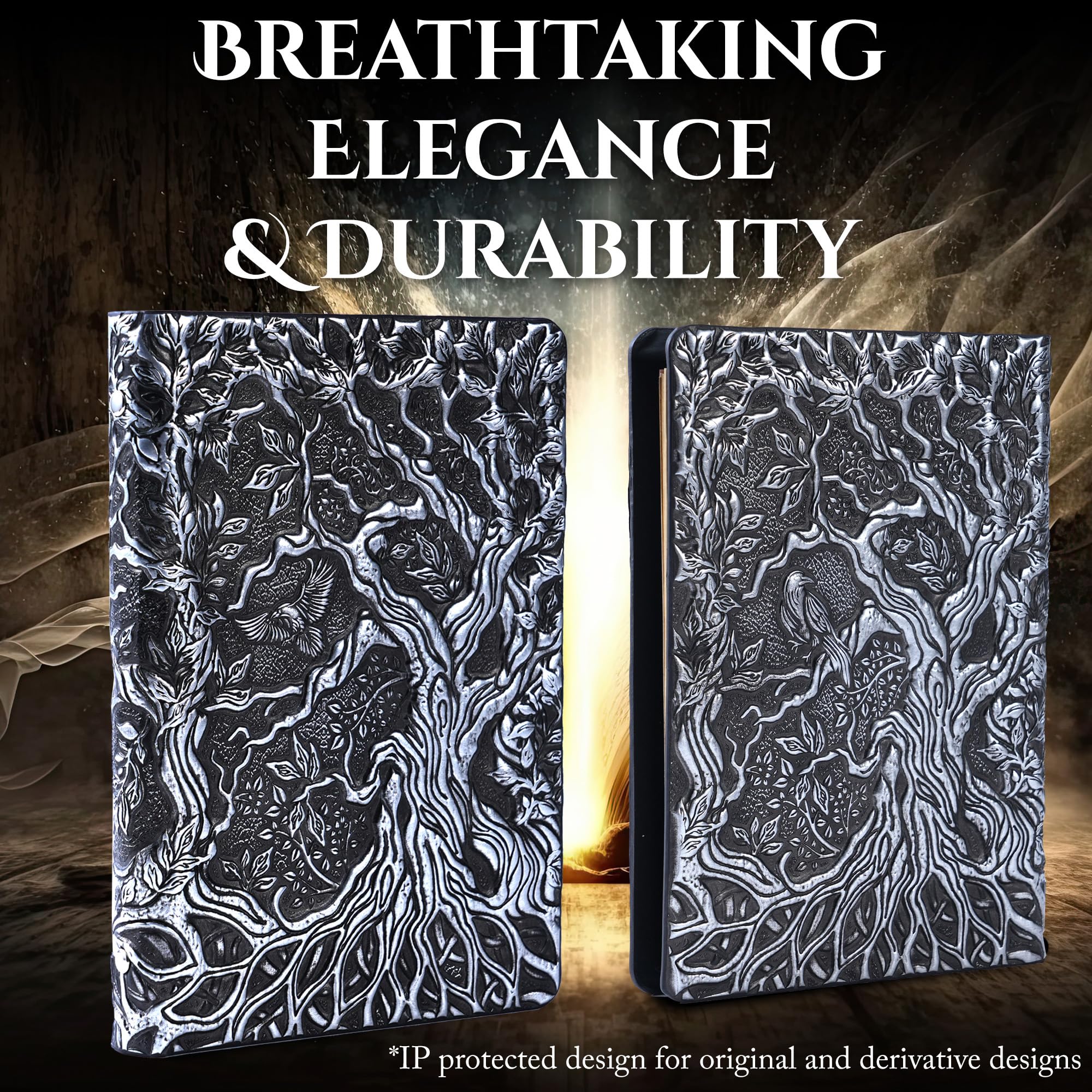 DND Notizbuch Journal nachfüllbar Binder - Story Forge 400 Seiten (200 Blatt) mit atemberaubendem 3D Baum des Lebens Design - Perfekt für Dungeons and Dragons (D&D) mit Bonus-Tabs und Lineal (Silber)