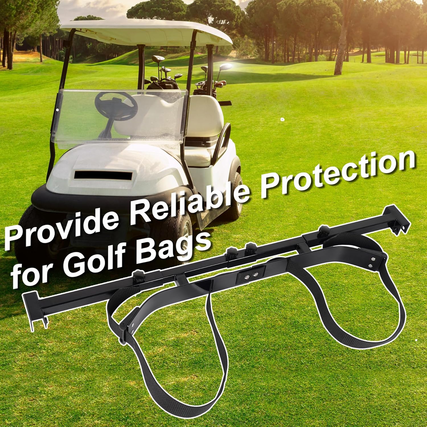 RUTU No Drilling Golf Cart Bag Holder Heavy-Duty Adjustable Golf Rear Seat Bag Holder for 2+2 Rear Seats with 1 Inch Square Tube Fit for EZGO Club Car Yamaha Golf Cart Accessories