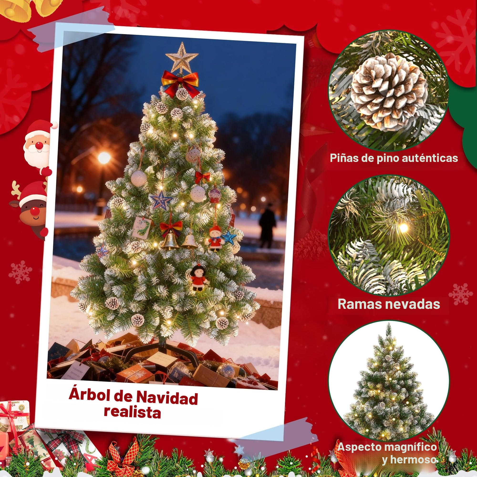 Aufun Árbol de Navidad Artificial con iluminación, árbol de Navidad Artificial de 180 cm con Nieve y piñas, Abeto Noble, Montaje rápido, Incluye Soporte para árbol de Navidad