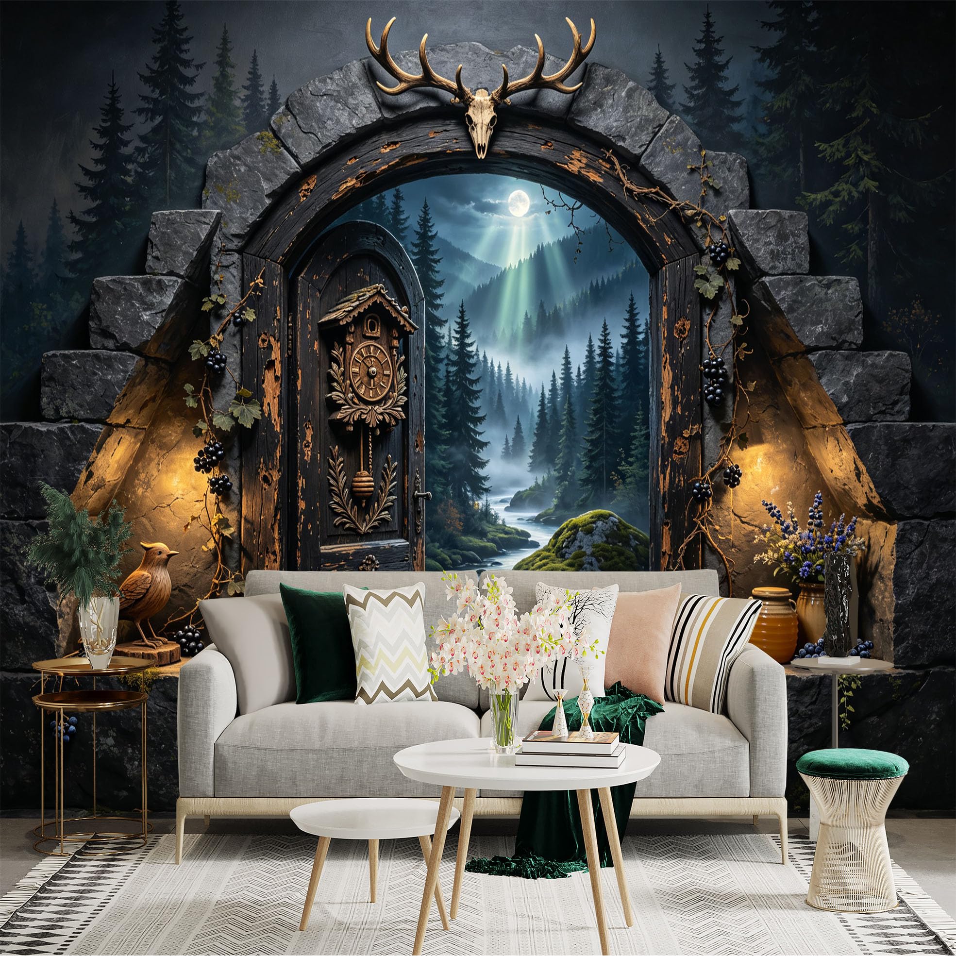 Custom Size Wall Sticker Mural， Rustic Forest Doorway， Moonlit River and Stone Arch， for wall Decoration， peelandstick wall Decals.