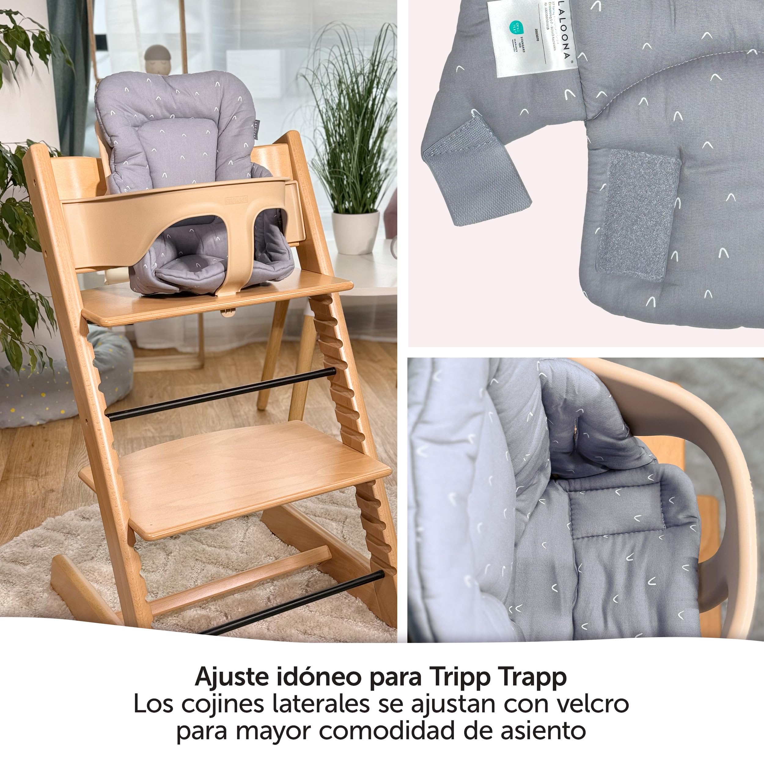 LaLoona Reductor para Trona Bebe Stokke Tripp Trapp, Cojin Trona Madera Algodón, Reductor de Asiento para Trona Evolutiva OEKO-TEX 100, No Irrita la Piel, Lavable - Gris
