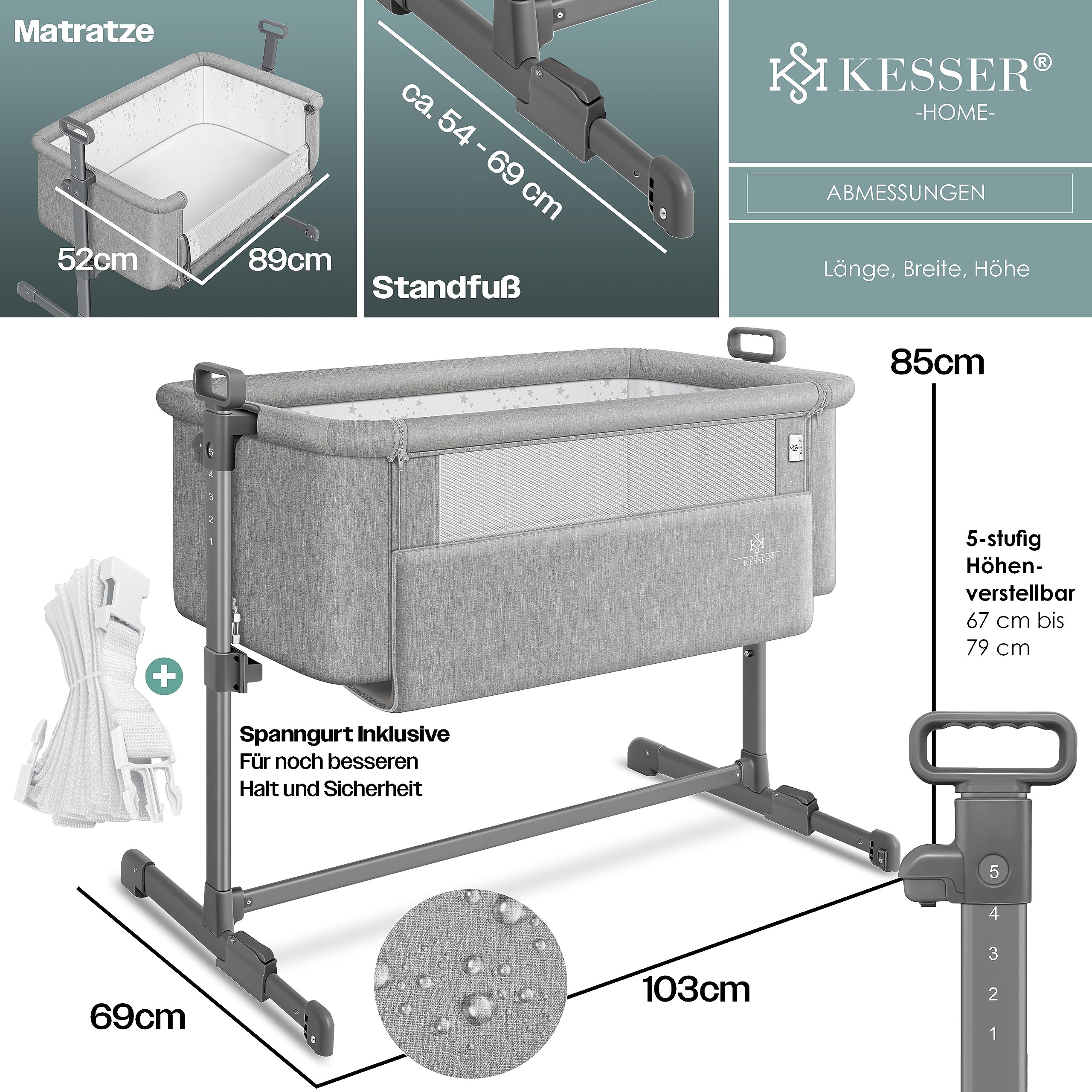 KESSER Zustellbett Hubi 3in1 Baby Beistellbett Reisebett Babybett mit Matratze Rollen 5-Fach Höhenverstellung Faltbare Seitenwand Hellgrau