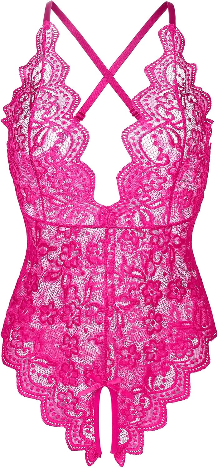 Donnalla Women's One Piece Teddy Plunging Lace Bodysuit Elegant Honeymoon Lingerie