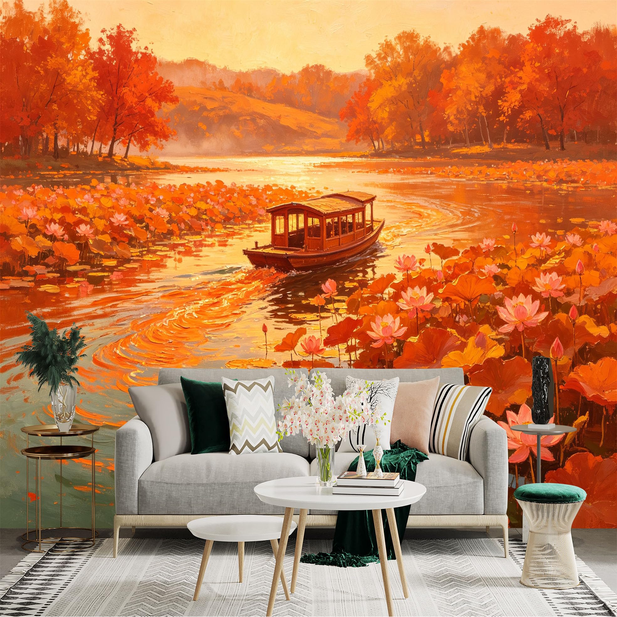 Custom Size Wall Sticker Mural， Autumn Lake Scene， Boat Sailing on Water， Vibrant Orange Foliage， Pink Lotus Flowers， for wall Decoration， peelandstick wall Decals.