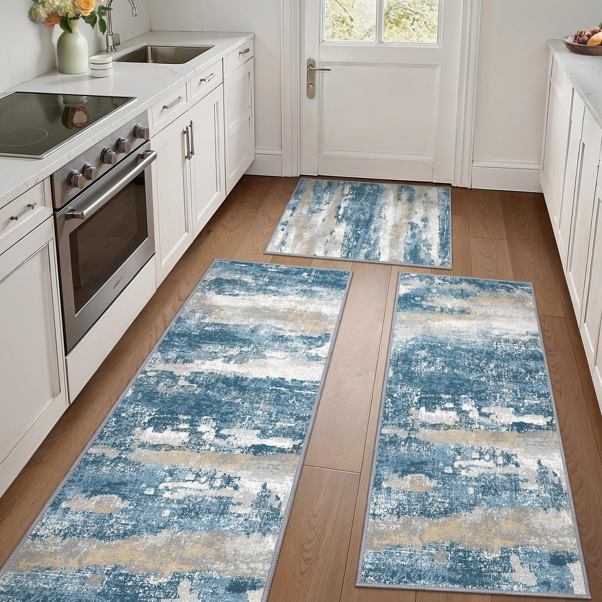 GENIMO Kitchen Rugs Sets of 3 Non Slip Washable Kitchen Mats for Floor, Waterproof Abstract Kitchen Runner Rug, Floor Mat Carpet for Hallway, Laundry,