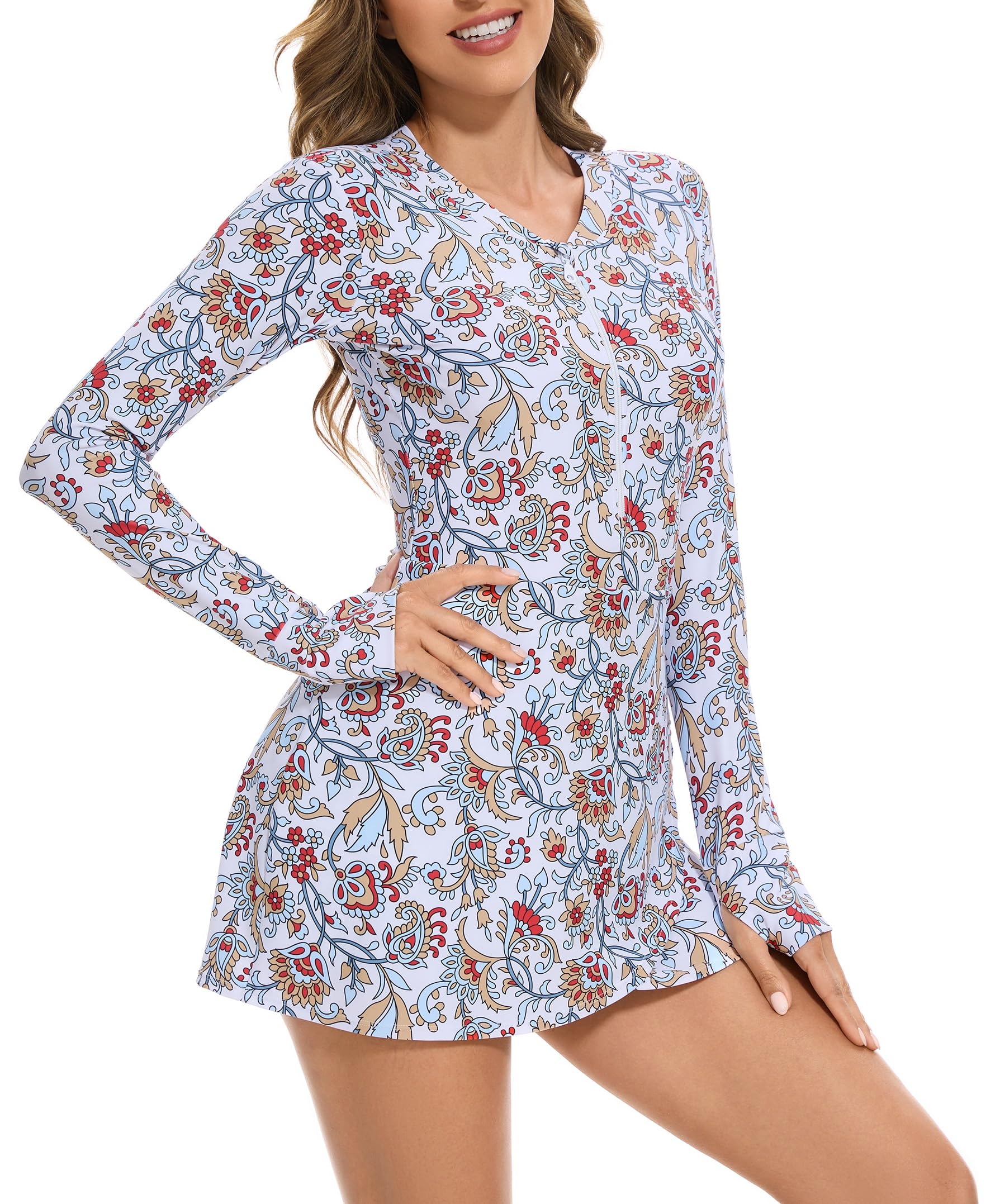 Long Sleeve Swimsuits for Women UPF 50+ Swim Dress Swimwear One Piece Bathing Suit with Skirts Rash Guard Over 50-image-48