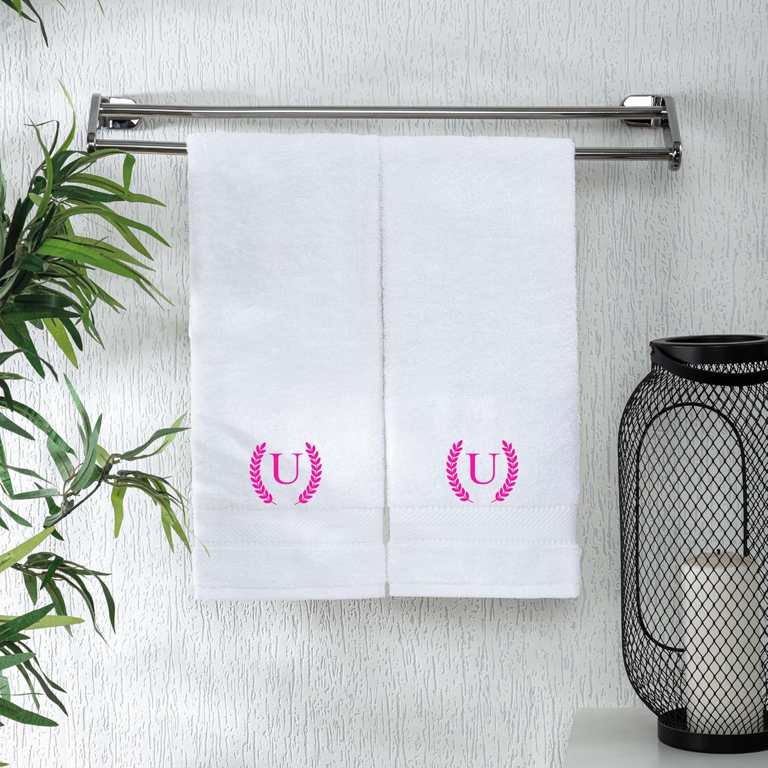 Monogrammed Hand Towels for Bathroom Makeup, Personalized Turkish Cotton Towel with Embroidery, Gift for Weddings, Housewarming, Anniversaries, and Bridal Showers, Set of 2 (Hot Pink, Initial U)