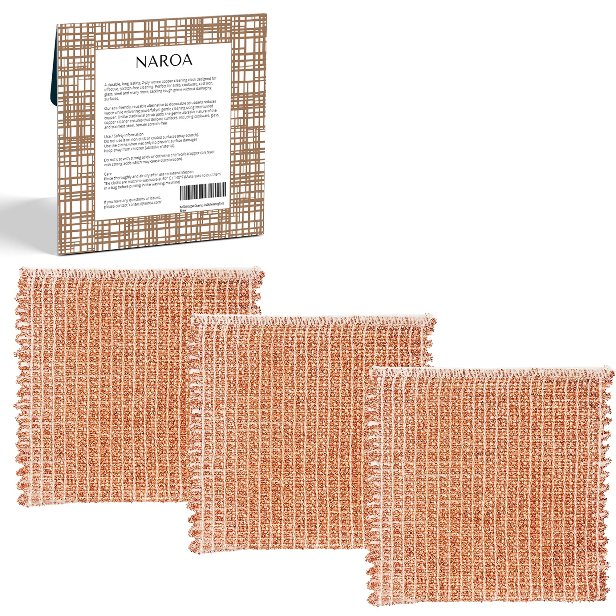 Naroa Copper Scrubbing Pads 3 Pack | 2-Ply Non-Abrasive Metal Mesh Scrubber | Reusable Copper Cleaning Cloth for Stainless Steel, Pots, Pans, Cast