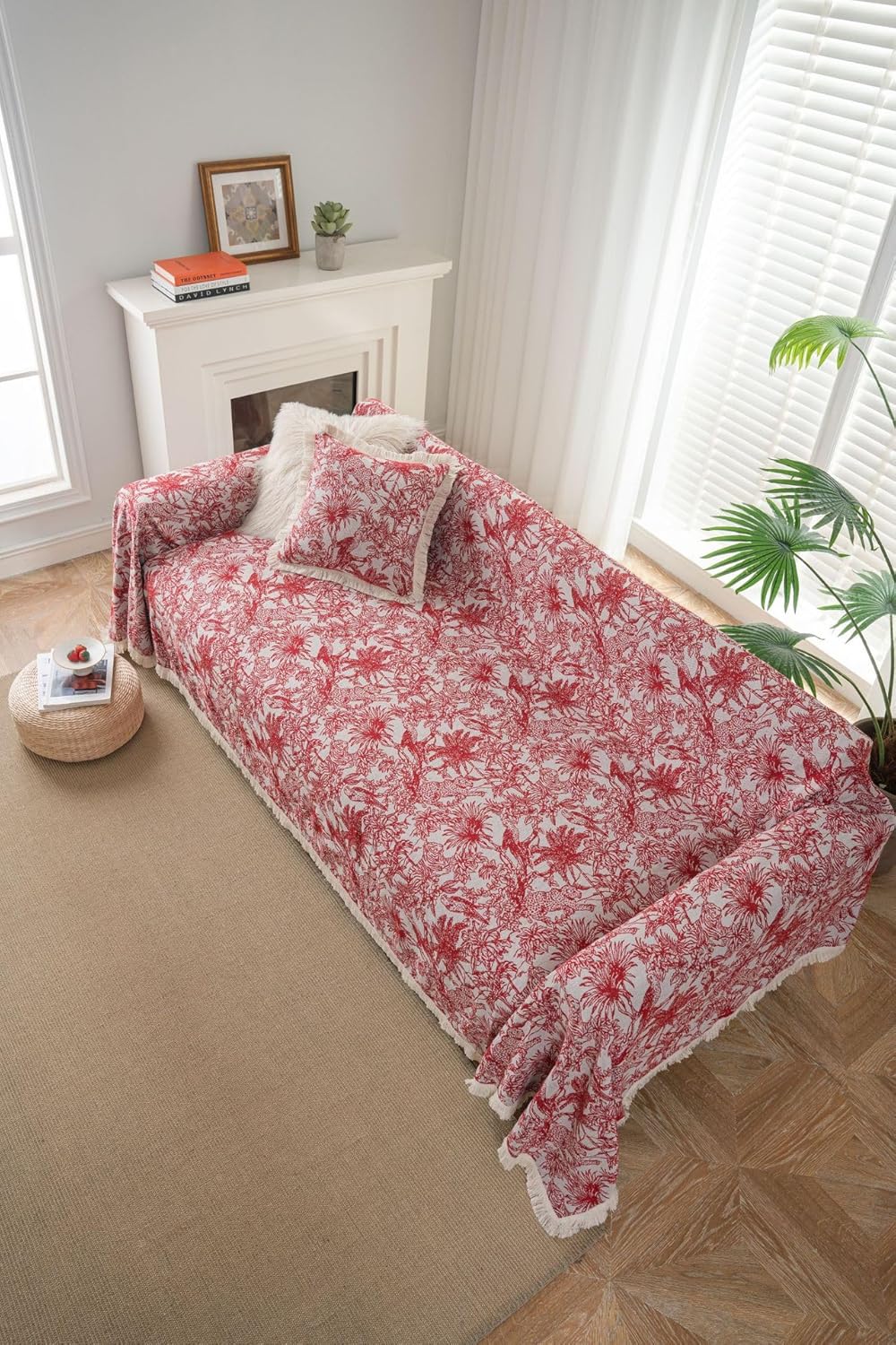 Red Boho Sofa Cover with Palm Tree Jacquard - Premium 3-Layer Fabric (50% Polyester 30% Linen 20% Cotton) for Couches, Sectionals, Chairs - Reversible Decorative Throw with White Fringe