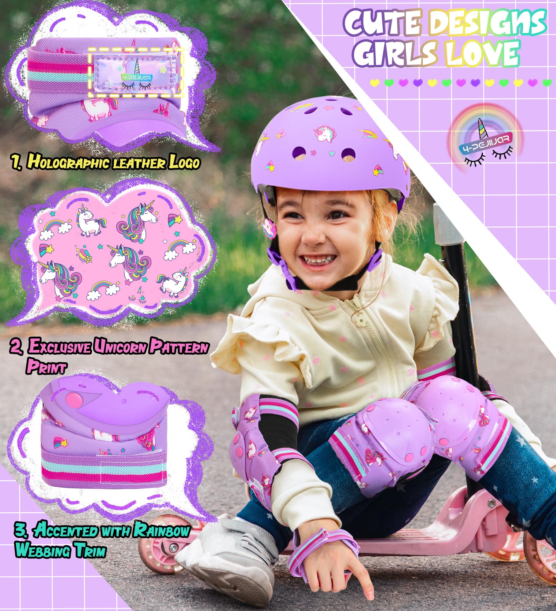 Unicorno Protezioni Set per Bambini Ginocchiere Bambini Protezioni Pattini Bambina 6 in 1 Protettivi Kit per Skateboard Scooter Monopattino Bicicletta Pattini in Linea - 3