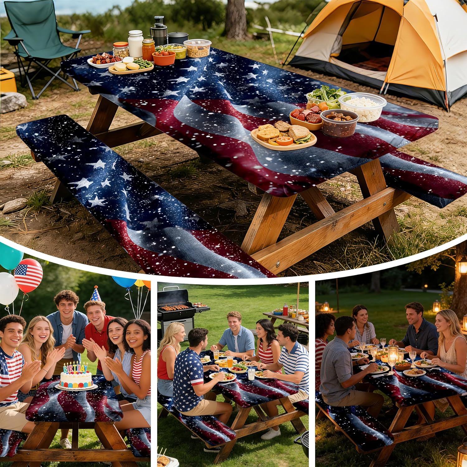 NYZE 3 Pieces American Flag Picnic Table Cover with Bench Covers Set, Independence Day Elastic Edge Camping Tablecloth Cover with Drawstring Bag,Camping Essentials for Outdoor Picnics, Patio, BBQ