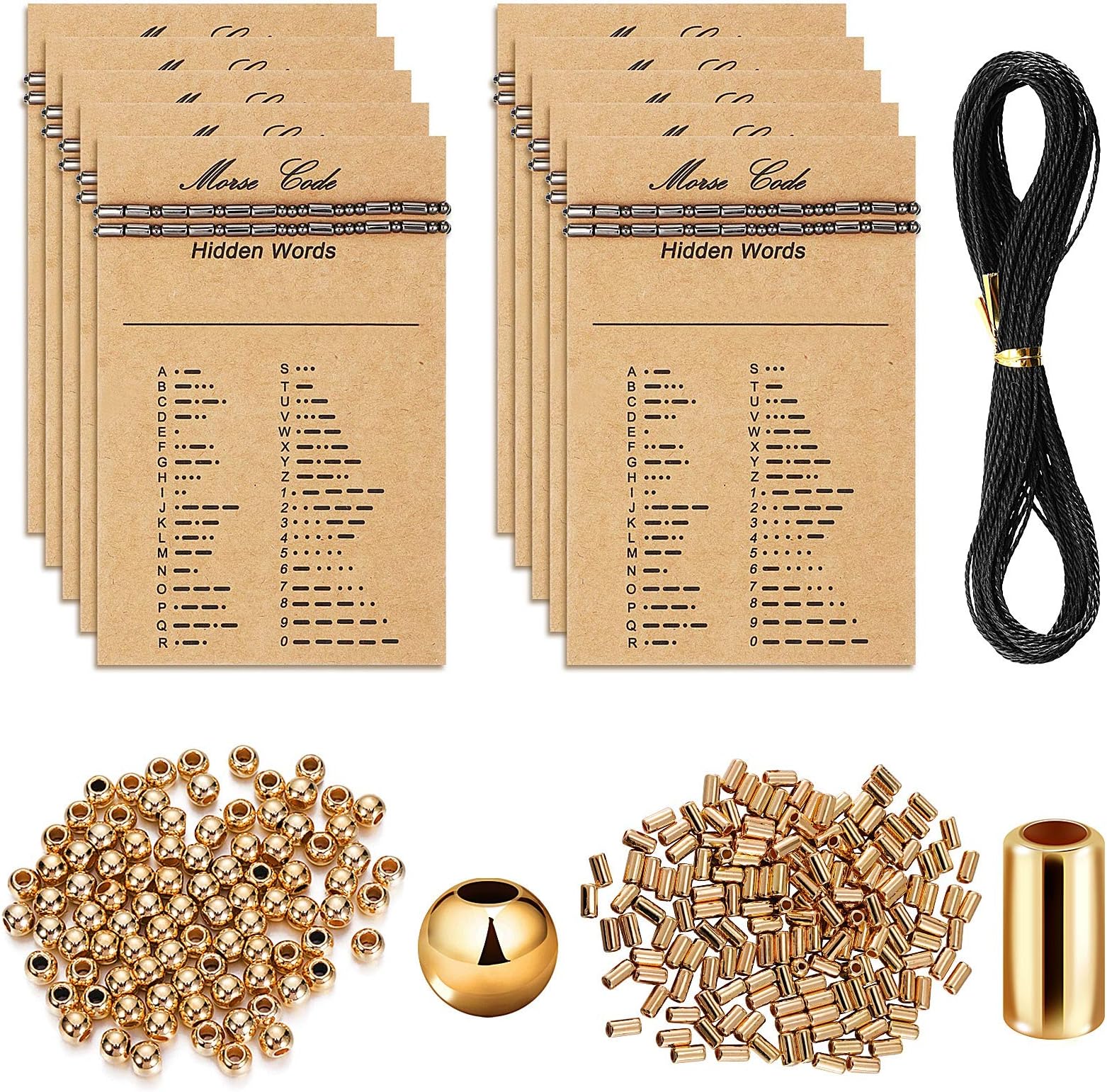 DIY Morse Code Bracelet Making Set Includes 20 Morse Code Decoding Cards, 400 Round Spacer Beads, 400 Long Tube Beads and 10 Yards Waxed Polyester Twine Cord for Morse Code Jewelry Making