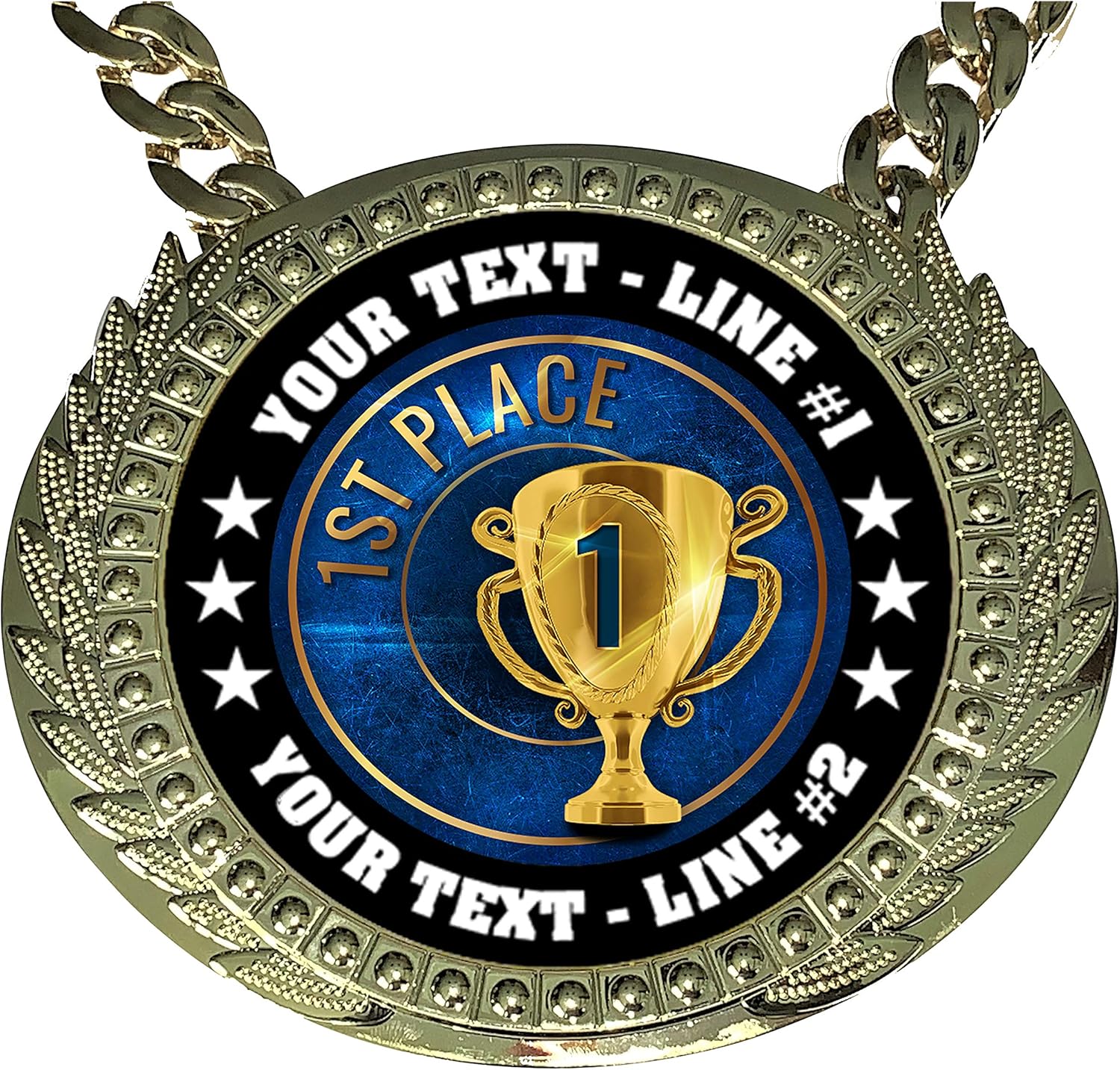 Express Medals Custom 1st Place Champ Chain Trophy with 2 Lines of Personalized Text on a Large Rigid Plastic Award Medal and 34 Inch Long Gold Color Neck Chain. EG1