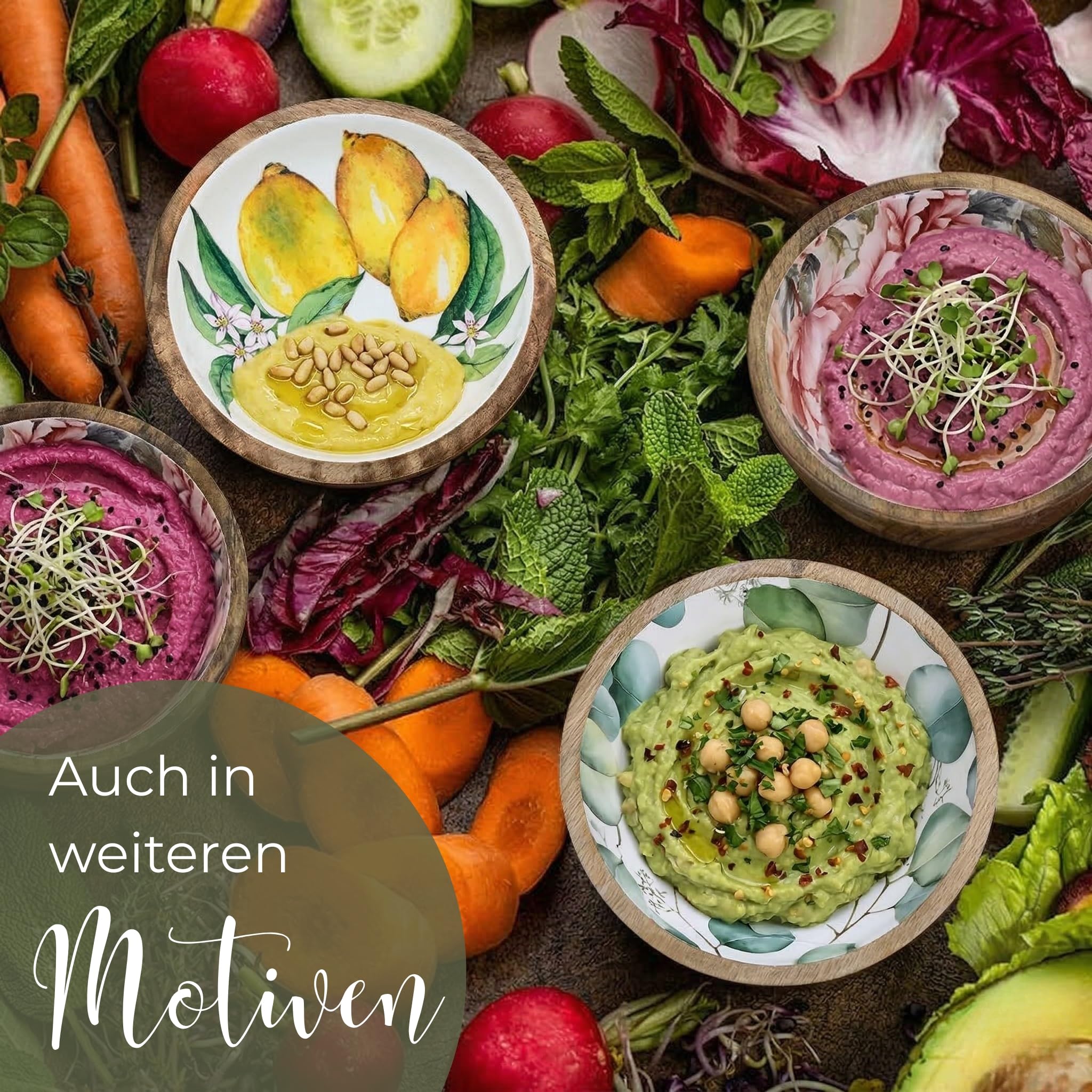 Salat-Set Salatschüssel & Salatbesteck mit Rosen-Design - Servierset aus Holz für Salat & Obst