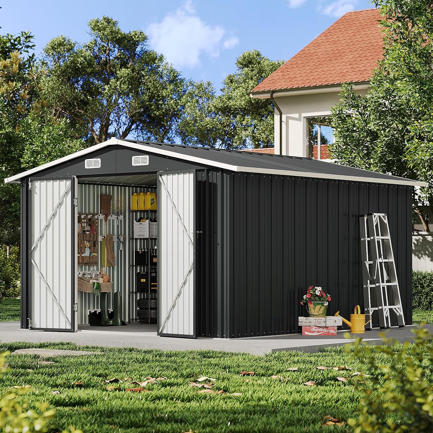 10x12FT Outdoor Storage Shed, Metal Garden Shed with Lockable Double Doors & Sloping Roof, Weather-Resistant Tool Shed for Backyard, Patio, Poolside Black