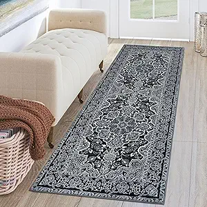 KUTA Runners for Hallways 2x6 Black, Vintage Floral Kitchen Rugs Non-Slip Washable Runner Soft Printed Retro Distressed Flower Entryway Carpet for Bedroom Laundry Nursery