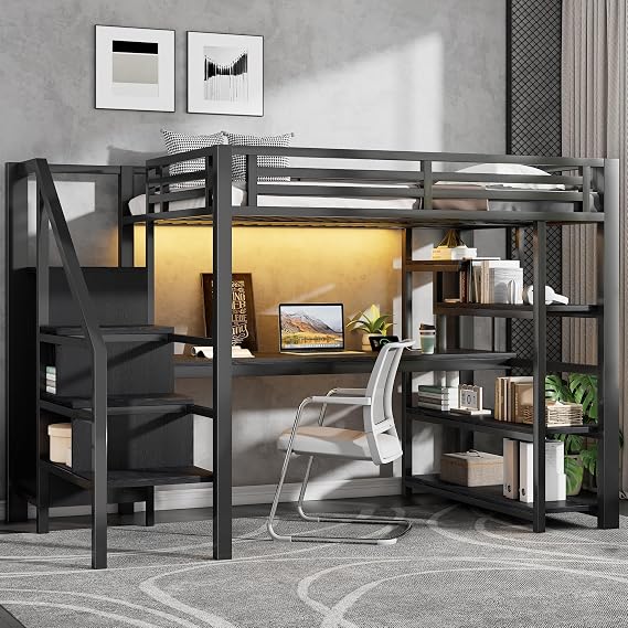 LPdorbe LPdorbe Lit Mezzanine 2 Places 140 x 200 cm en Métal avec Bureau, Penderie et LED