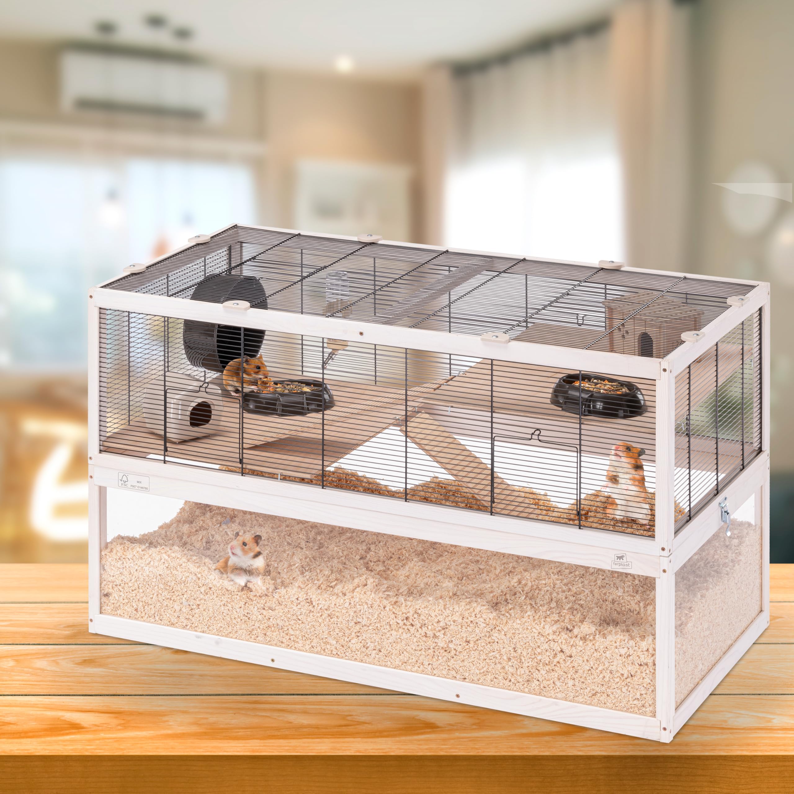 Ferplast Jaula Hámster DOMSTER, Jaula para Ratones, 3 Niveles, con Accesorios, Plataformas y Escaleras, Malla metálica y Madera FSC, Base Transparente, Jaula para Hámster de Madera 100 x 50 x h 61 cm