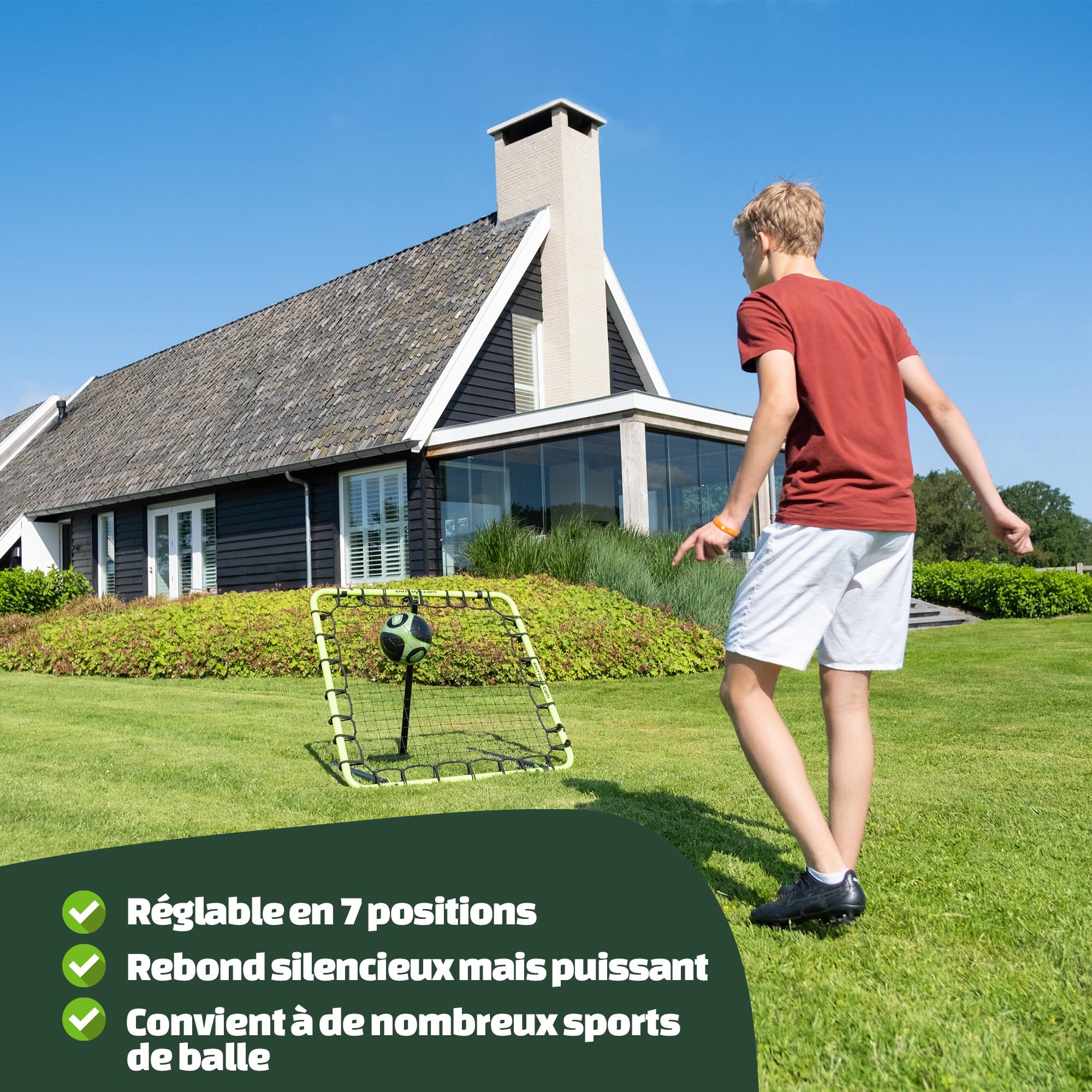 EXIT Toys Filet de Rebond Multisport 120 x 120 cm Réglable 8 Positions – pour Volleyball, Tchoukball et Handball – Rebounder avec Ancrages au Sol – TÜV Testé – Tempo – Vert/Noir