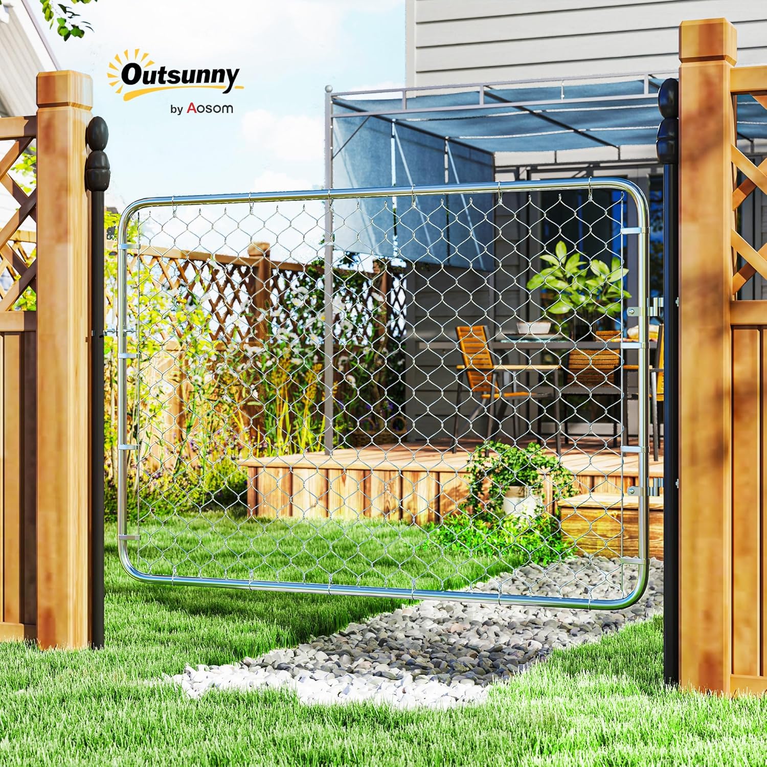 Outsunny Garden Gate Chain Link Fence Gate, Galvanized Steel Garden Door for Yard Entrance Way, 26-71 in. W x 4 ft. H, Silver