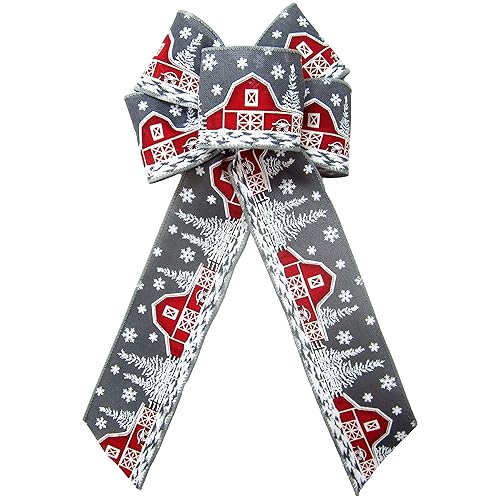 6" Snowy Red Barn on Gray Linen Wreath Bows by Alpine Holiday Bows - Country Bows for Christmas Wreath & Swag Decorations, Lanterns, Signs & Crafts