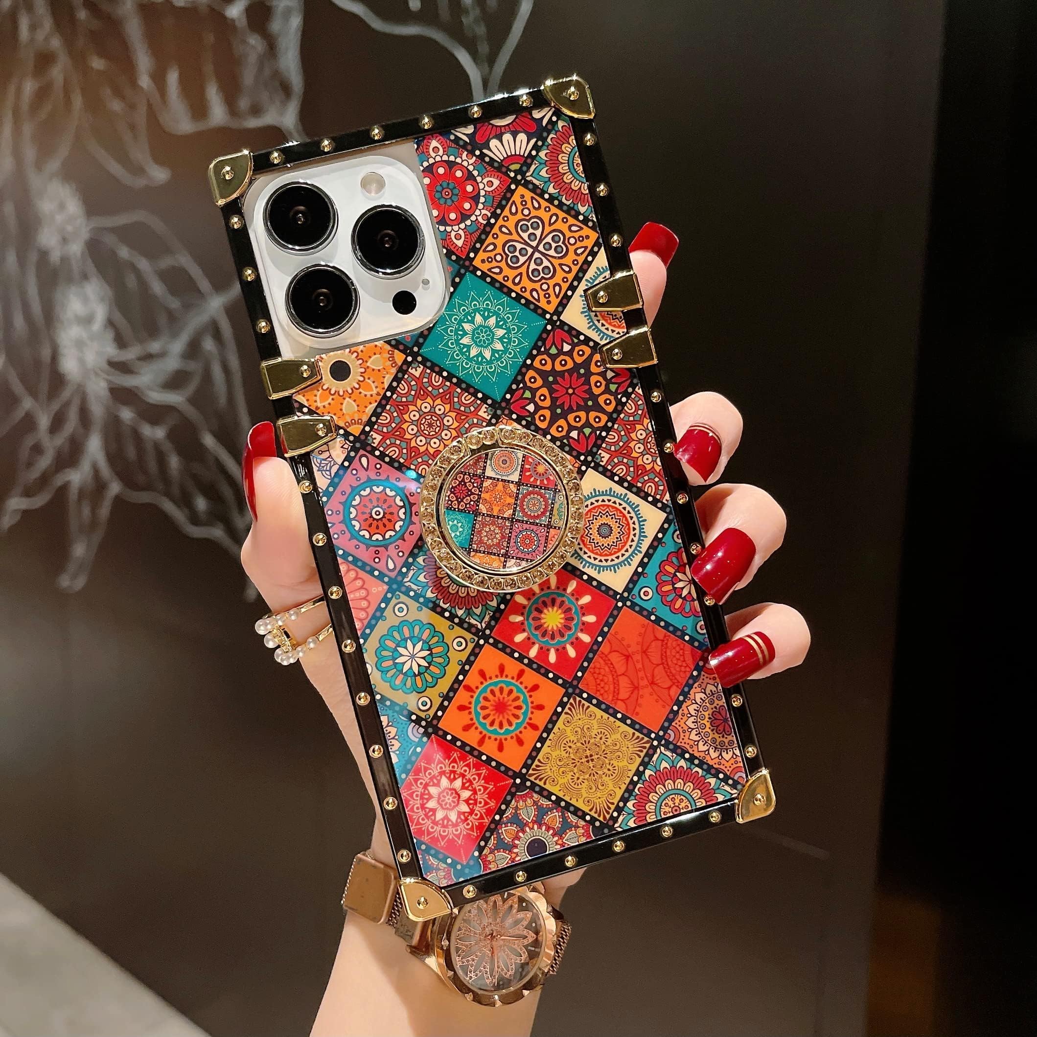Trendy Blue Ray Retro Phone Case for iPhone 14 Pro Max with Ring Holder Indian Hippie Bohemian Psychedelic Peacock Mandala Shockproof Rectangle Cover(Mandala, for iPhone 14 pro max 6.7'')