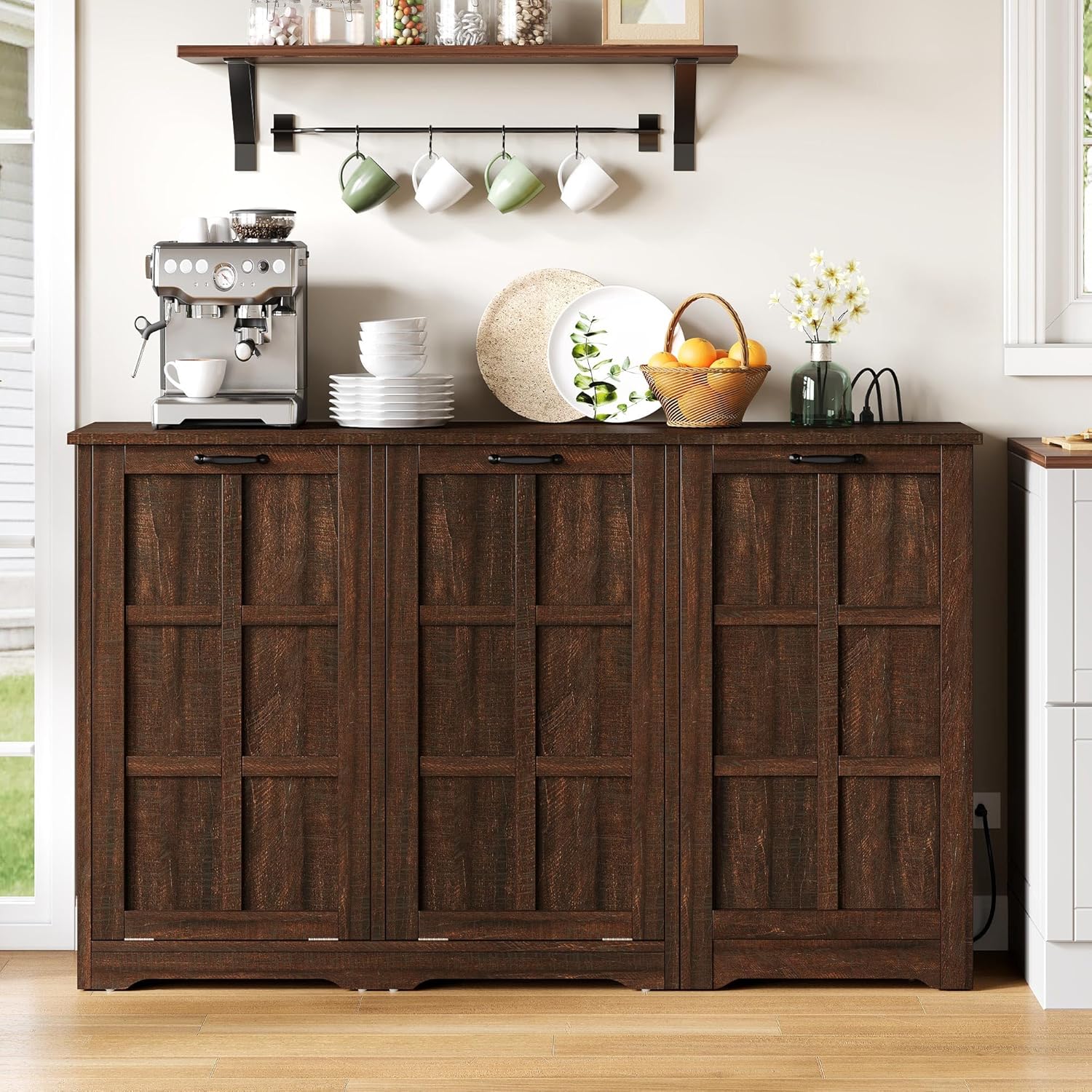DWVO Rustic Kitchen Island with Power Strip, Farmhouse Kitchen Storage Island with 2 Tilt-Out Doors for 13 Gallon Bins, Adjustable Shelf