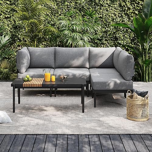 Miniatura 32 de Sundale Outdoor Juego de 4 piezas de muebles de metal para patio, sofá seccional para exteriores con cojín de olefina de 6 pulgadas, modernos juegos