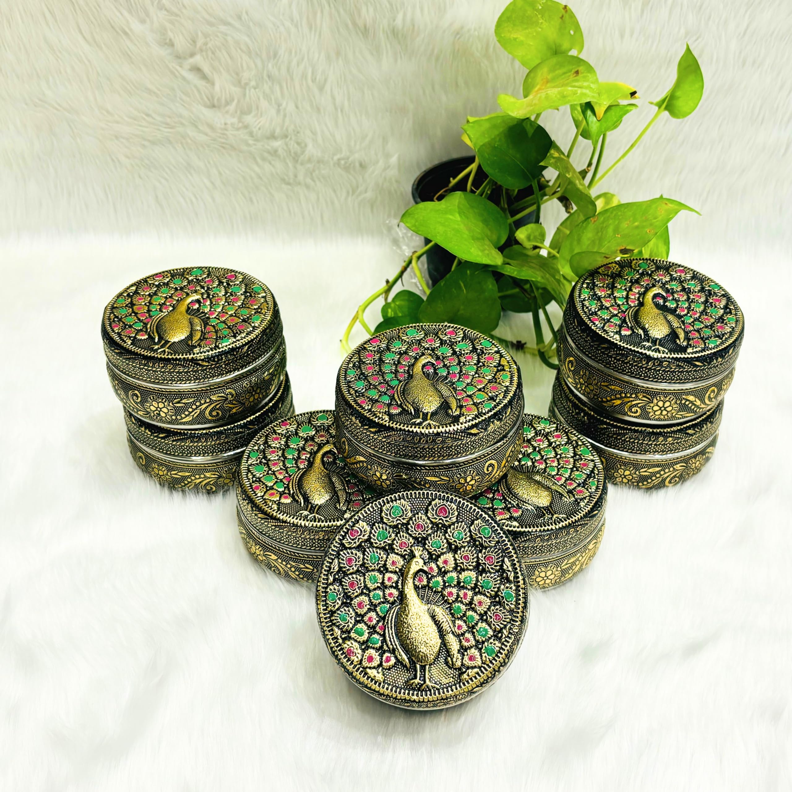 NAVRANG Stainless Steel Meenakari Container Box Chapati/Roti/Laddu/Puri Storage Box Return Gift Box, Poori Box Decorative Utensils Container (Pack of 8)