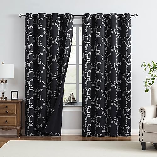 Fragrantex Cortinas opacas florales negras de 63 pulgadas de largo para sala de estar o dormitorio, juego de 2 paneles, estampado de rosas,