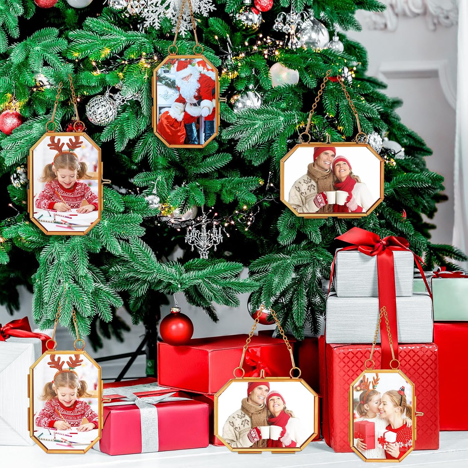 Qunclay 6 Pcs 2.5x3.5” 3.5x2.5” Christmas Brass Picture Frame Ornaments Xmas Metal Double Glass Hanging Photo Frame with Metal Chain for Christmas Tree Decorations(Black)