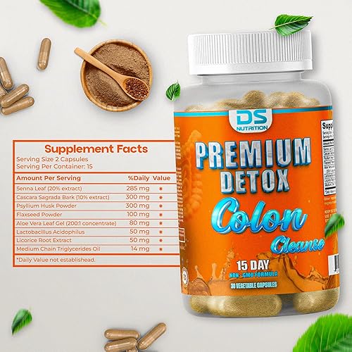 Miniatura 2 de Limpieza de colon desintoxicante con hoja de sena, corteza de cascara sagrada, suplemento de fibra, 15 días 30 cápsulas sin OMG, formulado en los