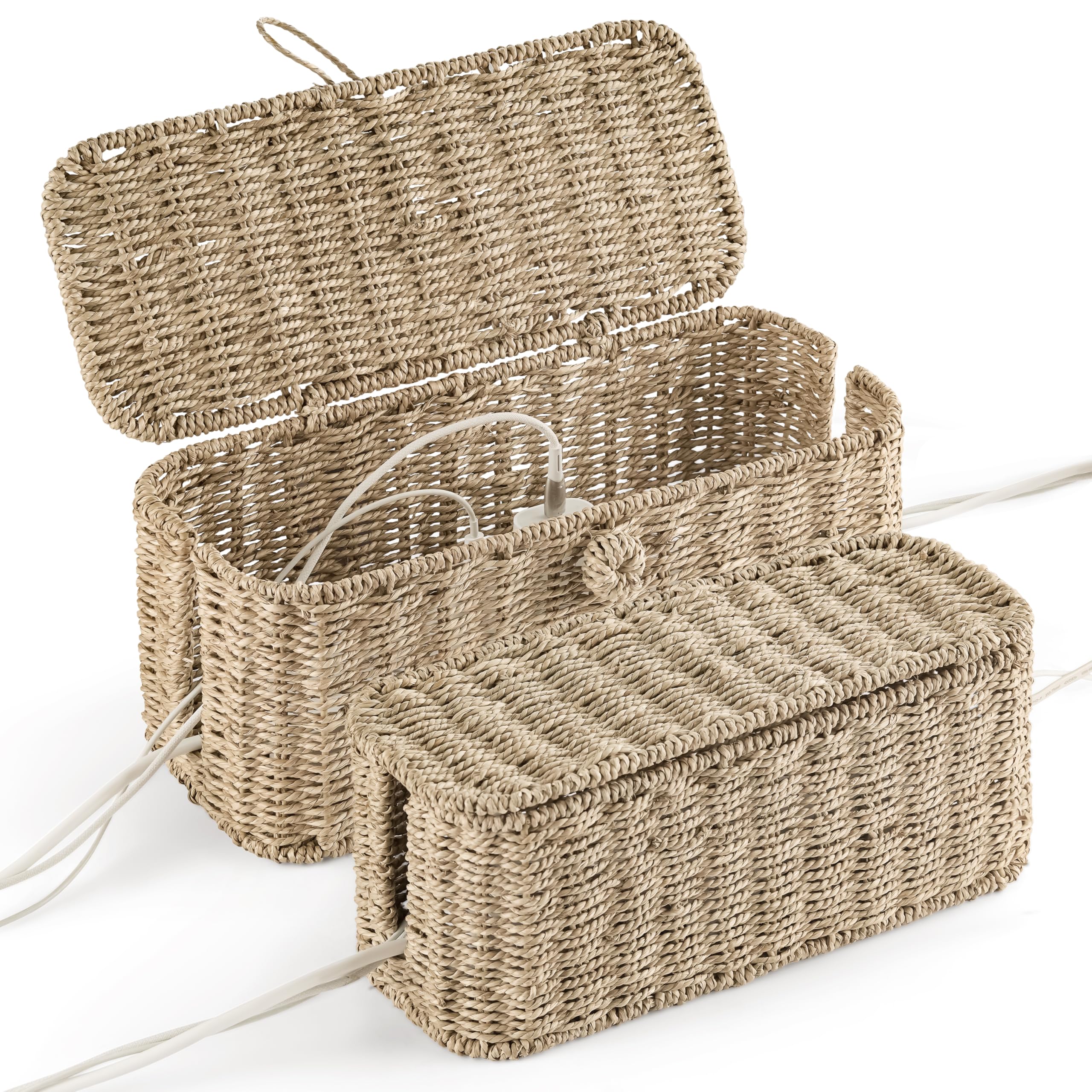 Charging Station Basket, Cable Organizer Box with Lid, Handwoven
