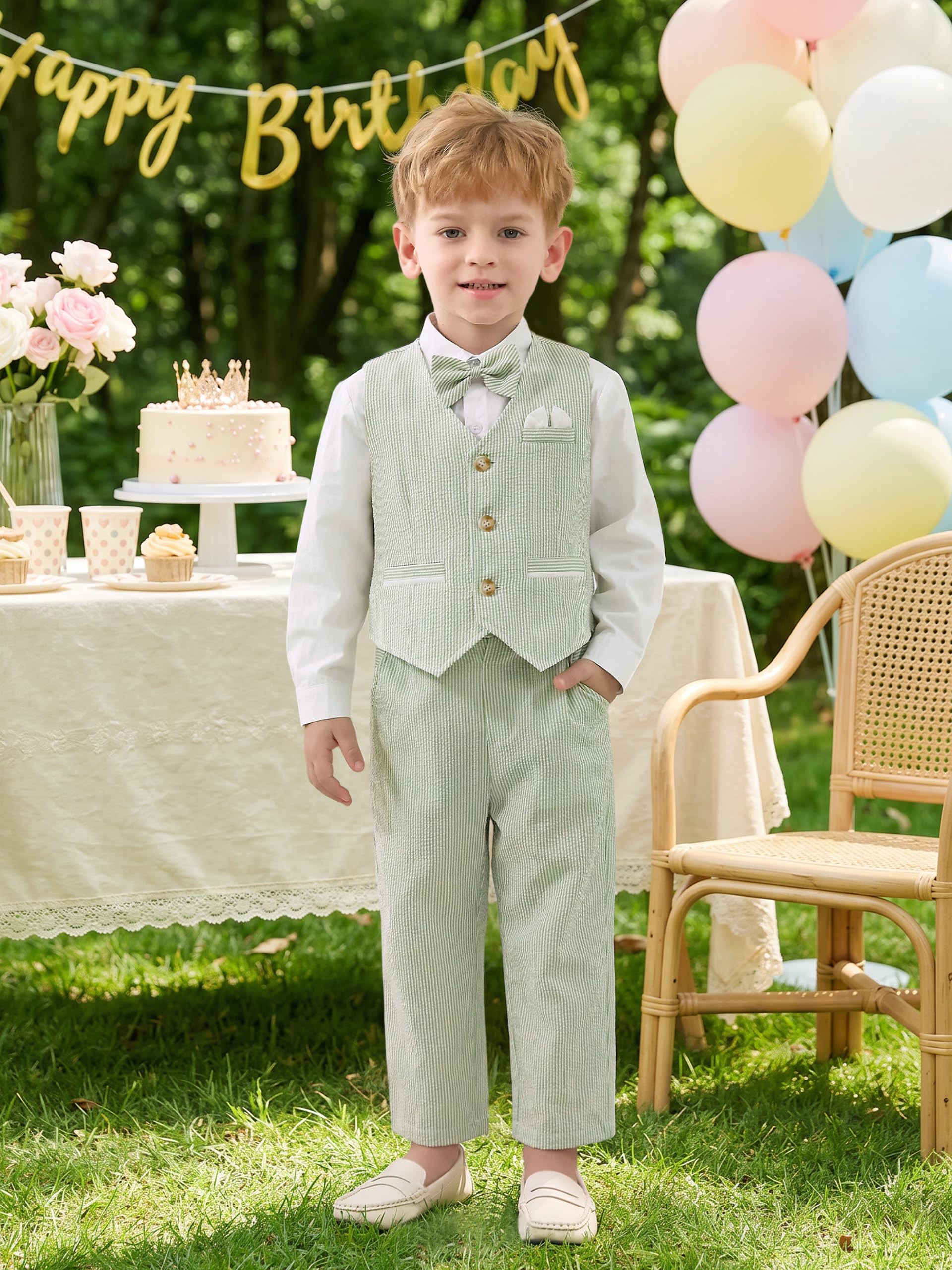 Volunboy Costume Formel Enfant Garçon 5 Pièces, Ensemble de Mariage Bébé avec Gilet, Chemise, Pantalon, Boutonnière et Nœud Papillon