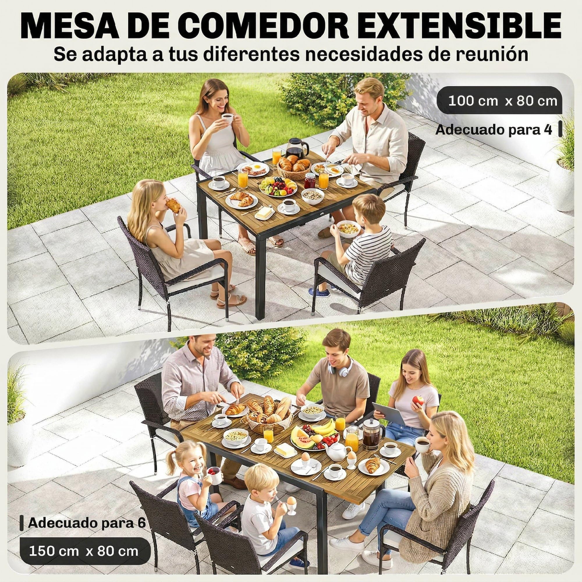 Outsunny Conjunto de Mesa y Sillas Jardín de Ratán de 7 Piezas, Crema | Mesa Extensible 100-150 cm Tablero Madera,6 Sillas Apilables,Cojines Extraíbles,Marco de Acero,Muebles Jardín Exterior