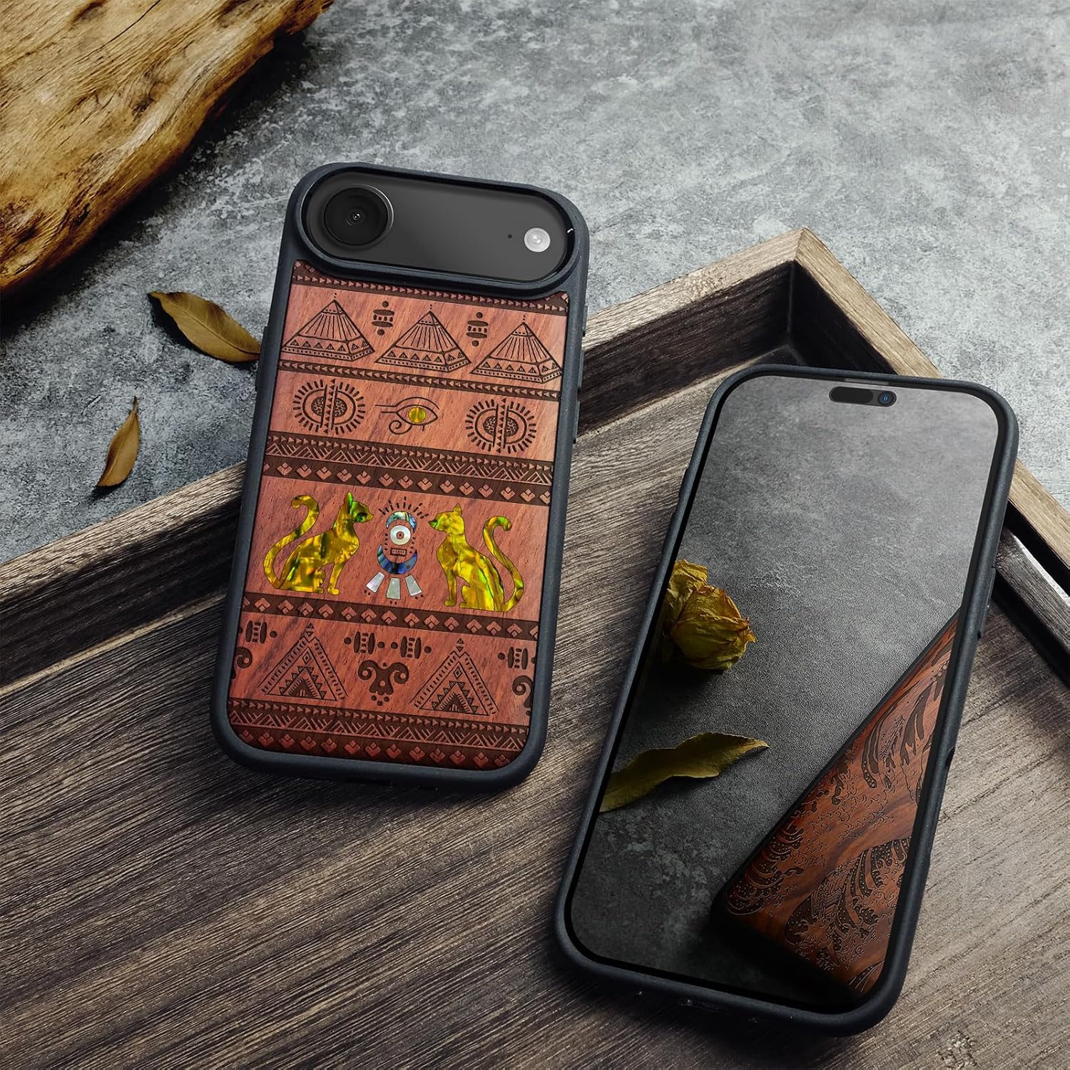 Carveit Magnetic Case for iPhone Air Case, Wood Artisan Engraved & Handmade Shell Inlaid, TPU Shockproof Cover, Compatible with MagSafe 17 Air Wireless Chargers (The Symbols of Egypt-Rosy)