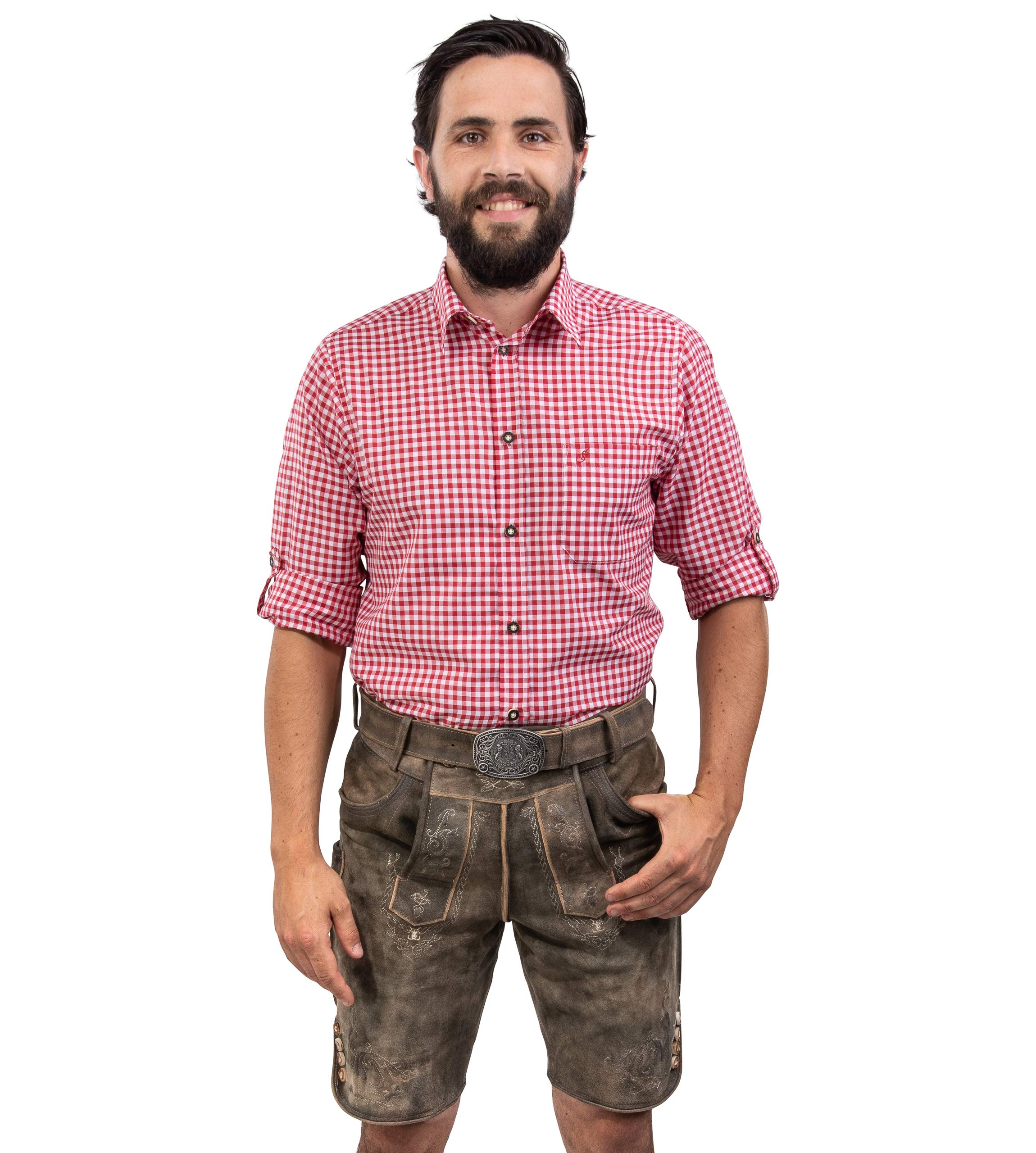 Schöneberger Trachten Couture Herren Lederhose kurz mit Trachtengürtel, traditionelle Vintage Trachtenhose für Oktoberfest aus hochwertigem Wildbockleder, Jakob