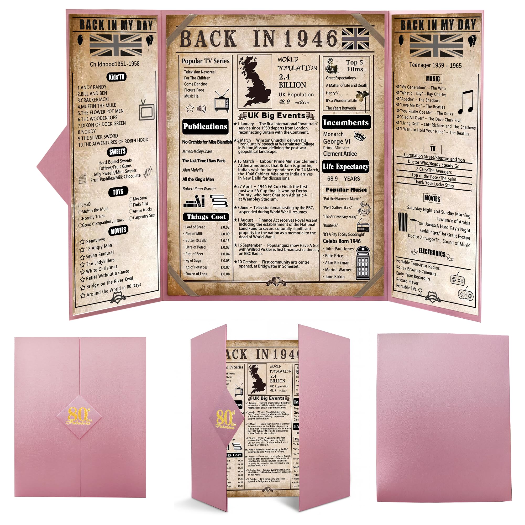 Back In Women's Pink1946 1946 80Th Birthday Gifts For - Large Trifold 80Th Birthday Card & Table Centrepiece - Pink 80 Year Birthday Decorations For Mum Grandma Nan - 1946 Poster No Frame Needed