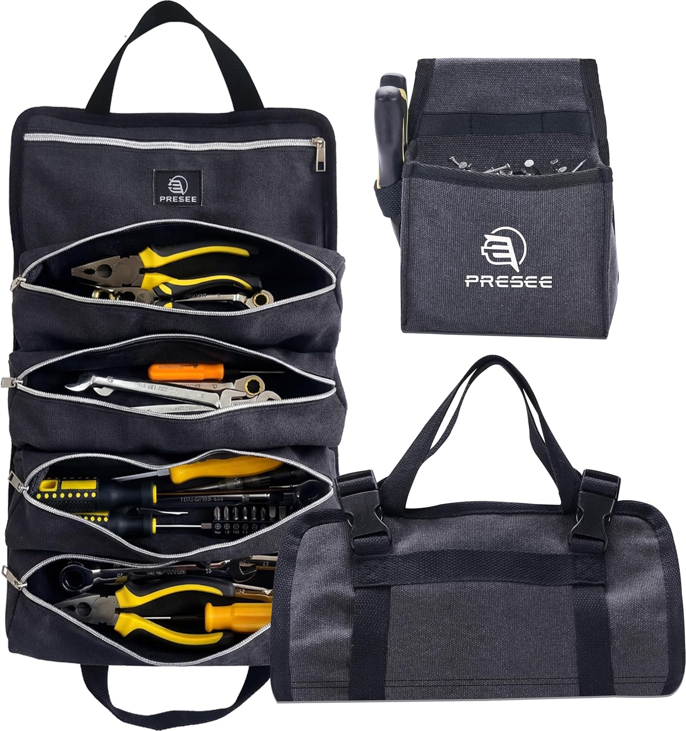 Canvas Tool Roll Bag with 5 Zippered Pouches& Belt Pouch - Water-Resistant Tool Organizer for Mechanics, Electricians, Motorcycle Maintenance, DIY & Professional Use (Black)