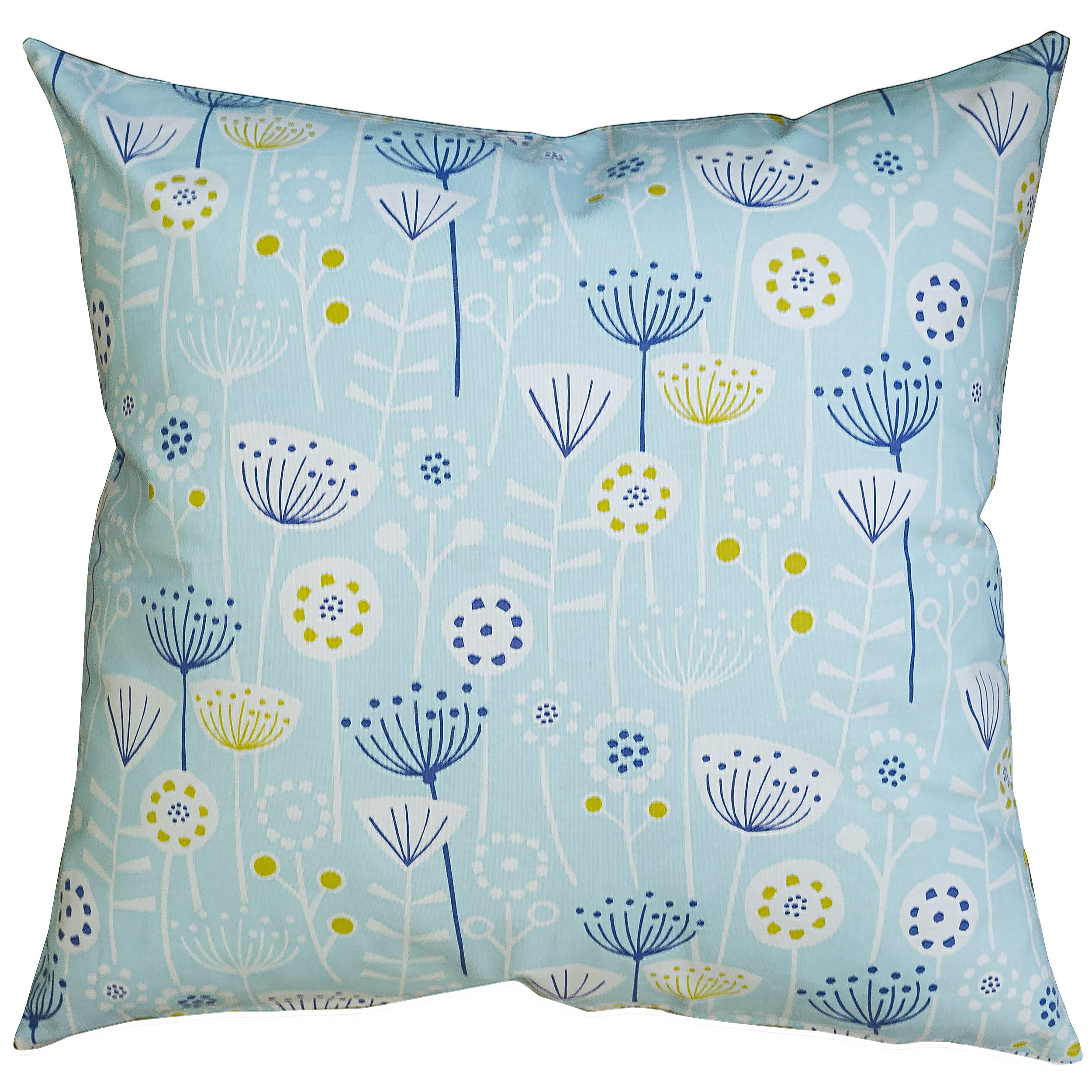 Linen Loft Blue Geometric Scandi Floral Extra-Large Cushion Cover. Contemporary Duck Egg And Mustard Ochre Yellow Abstract Flowers And Leaves. Soft 100% Cotton, 23X23" Xl Cover Only.