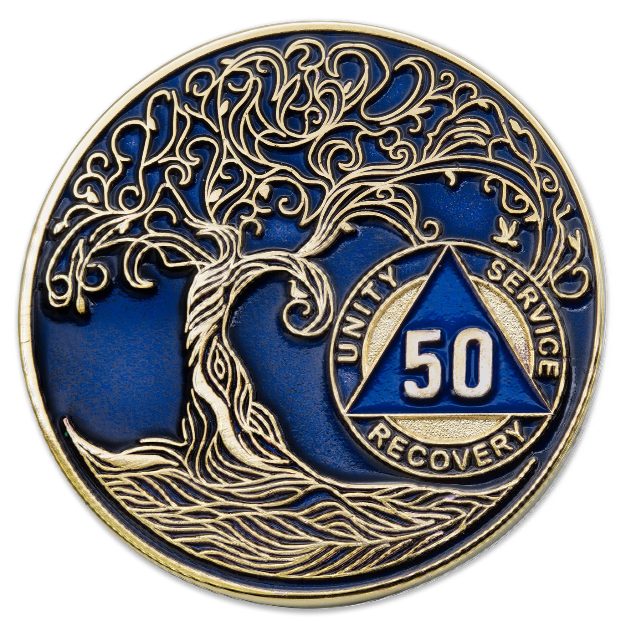 1 to 50 Year Twisted Tree of Life Sobriety Coin - Gold Plated AA Chips &amp; Medallions - 50 Year Sobriety Coin - Translucent Blue