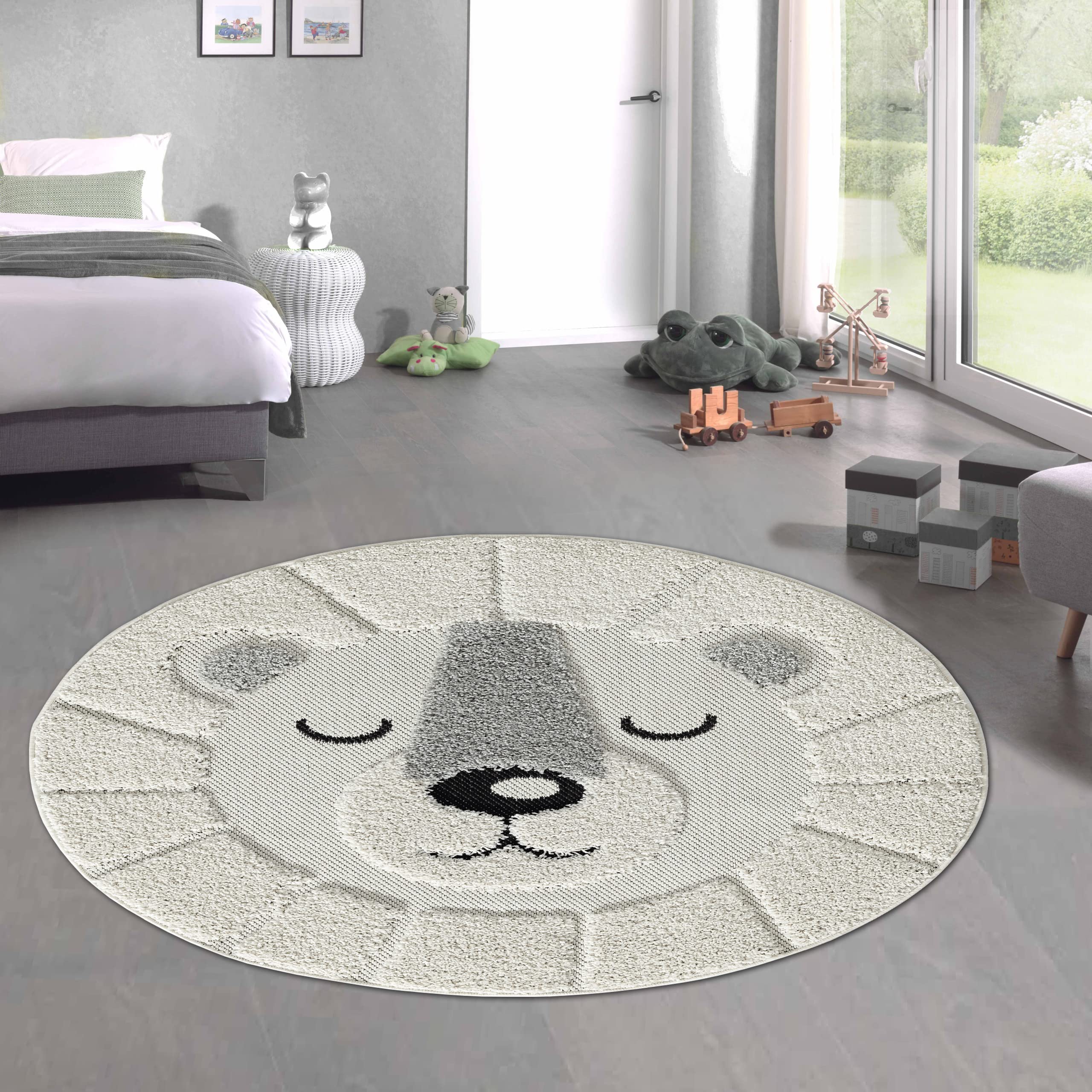 CARPETIA Alfombra Infantil Redondo mullida Efecto Alto-bajo - Oso Dormido - Color Crema, 80 cm Redondo