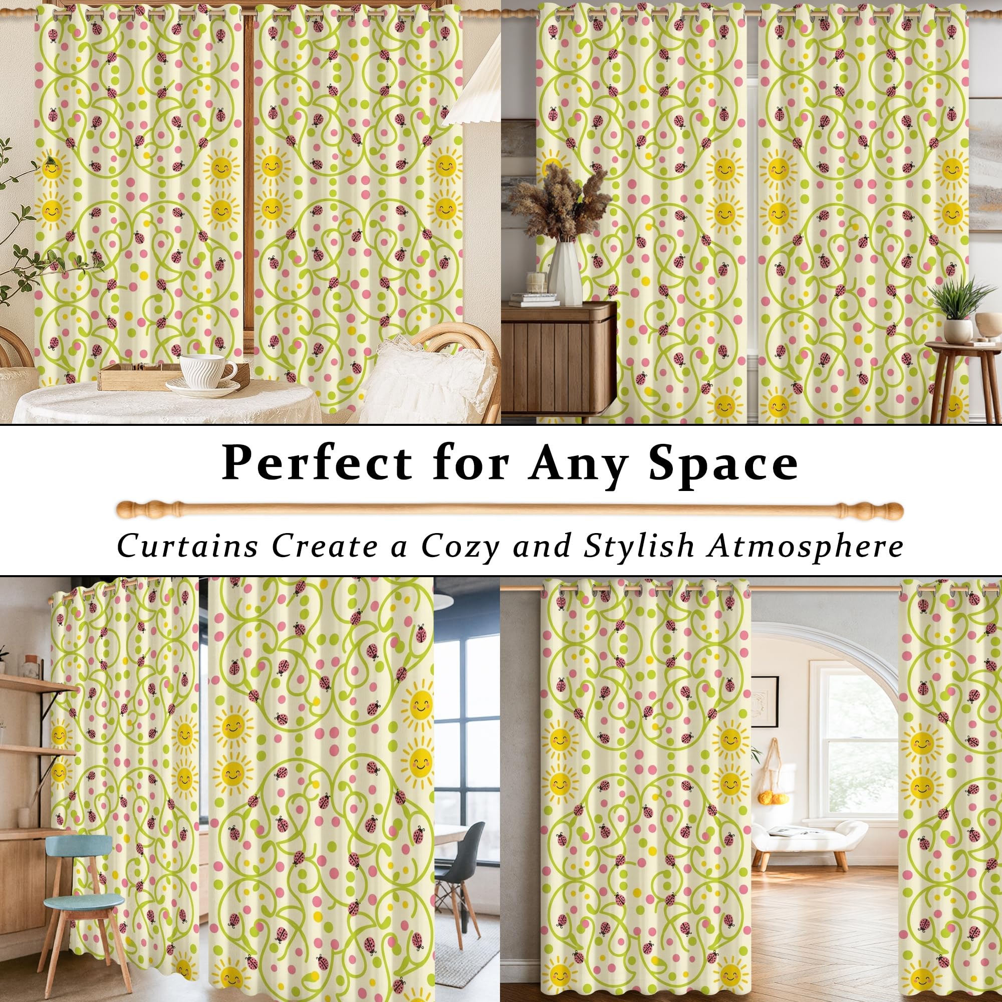 Tende oscuranti per sole, giocose fantasiose coccinelle rampicanti gialle termiche tende per finestre per ufficio, 132 x 239 cm
