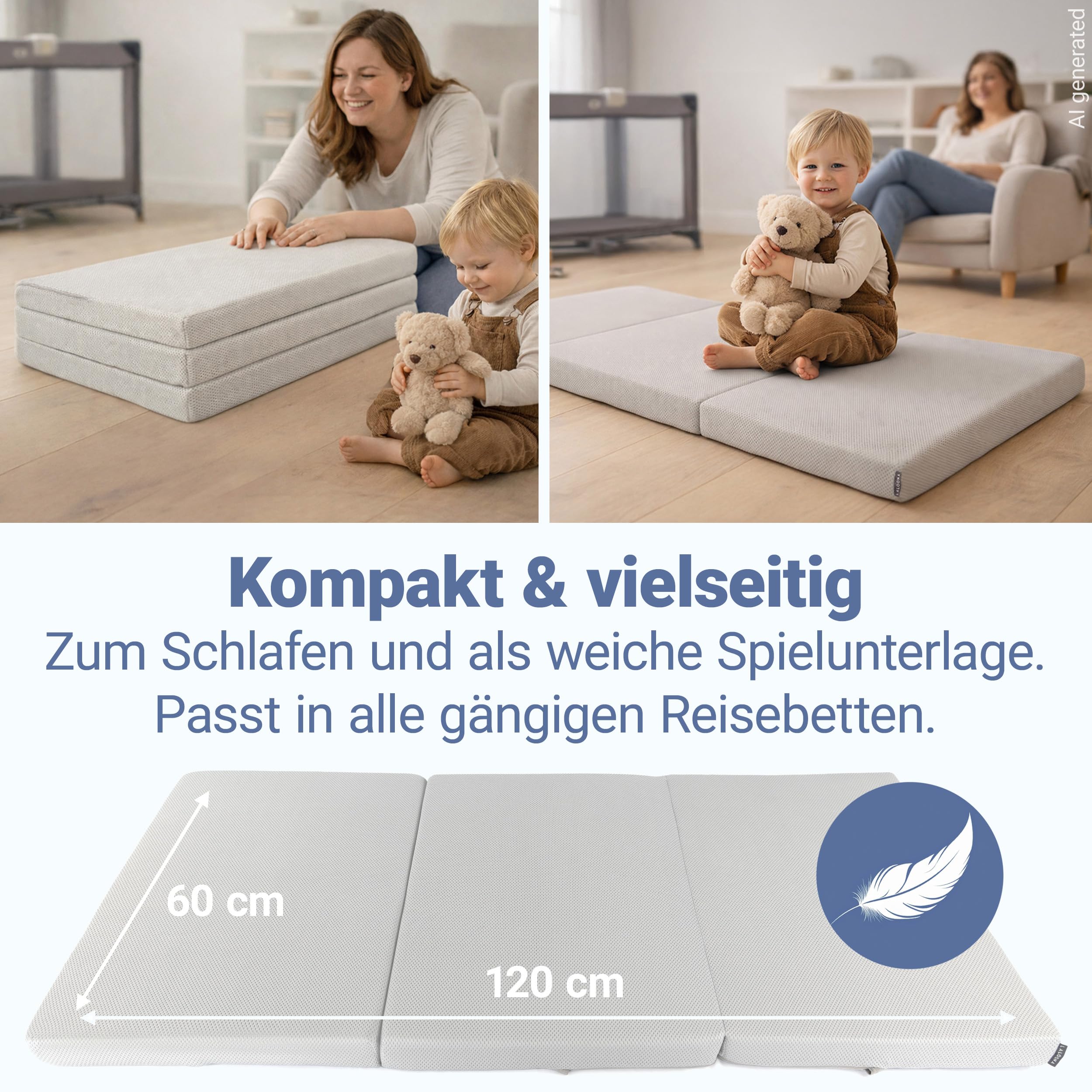 LaLoona Reisebettmatratze 60 x 120 cm/Höhe 5 cm - Grau | Matratze für Baby Reisebett mit abnehmbaren Bezug und Tasche, atmungsaktiv, waschbar, OEKO-TEX schadstoffgeprüft