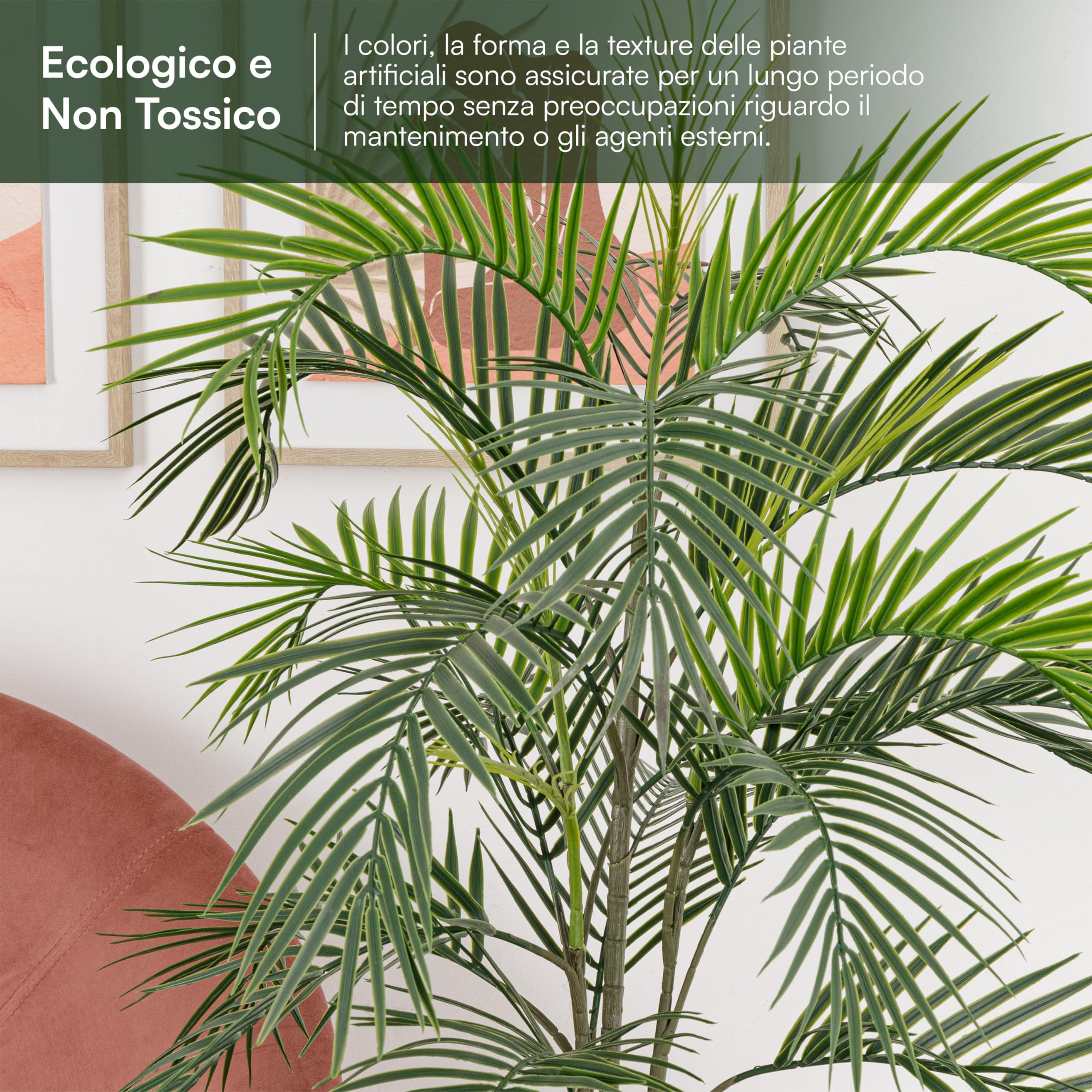 Baroni Home Künstliche Pflanze für Innen und Außen, Künstliche Areca-Palme mit Kunststoff-Topf, realistisch Aussehen und Textur, dekorativ für Wohnzimmer, Schlafzimmer, Büro und Küche, Höhe 80cm