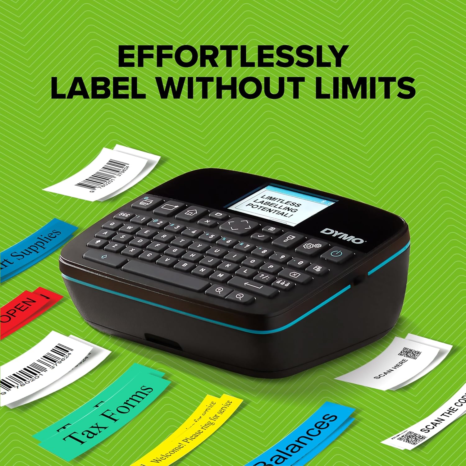DYMO LabelManager Executive 640 CB surrounded by various labels with different texts like 'Tax Forms' and 'Balances'